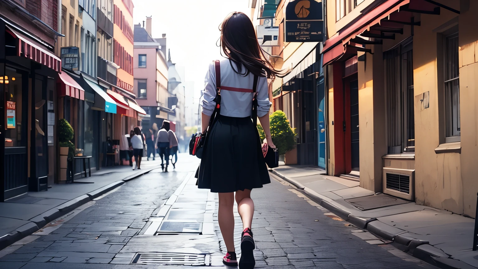 perfect girl, beutiful face, beutiful eyes, walking on the street, backview camera angle.
