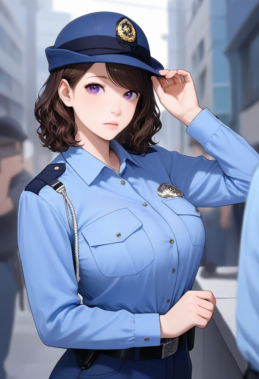 best quality,masterpiece,large breasts,purple eyes,dark brown hair,light blue shirt,blue pants,1girl,police hat,,breast pocket,swept bangs,medium hair,long sleeves,upper body,wavy hair