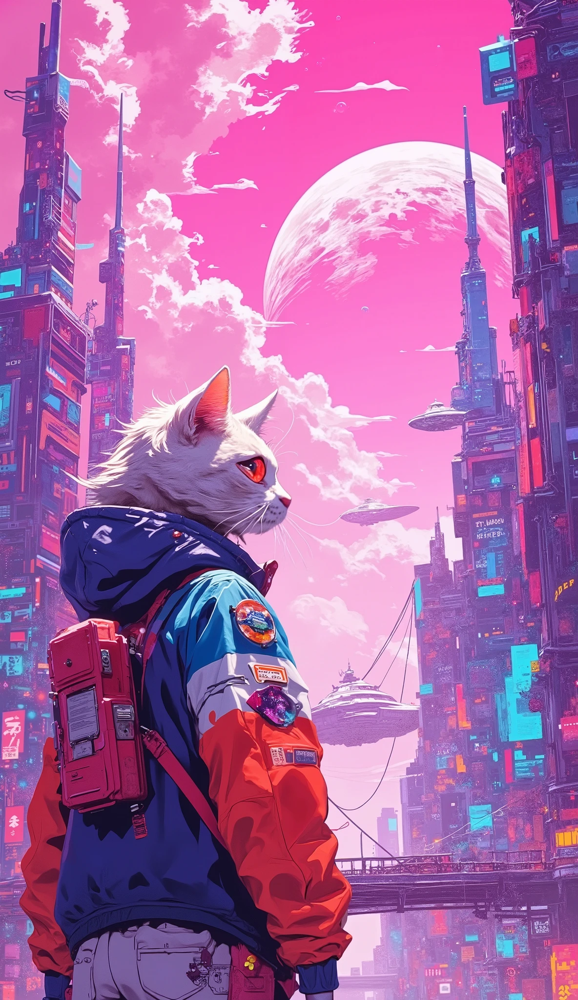 futuristic anime-style scene , cityscape , Looking up at the towering , Futuristic architecture . Star . overhead, with criss-crossed bridges and wires extending to the sky , full of bright, soft clouds . 在高层建筑middle , These buildings stand in the lower right corner of the image with surreal elegant structures and futuristic technology {x} A catwoman wearing a jet pack and a jacket decorated with a fish tank helmet patch, Back to camera. she looks in awe , being flooded by tall buildings . in the pink sky , middle, has a giant spaceship , and a giant planet that looks like the dead planet from Star Wars . The scene is full of bright colors and detailed lines , typical anime style art .