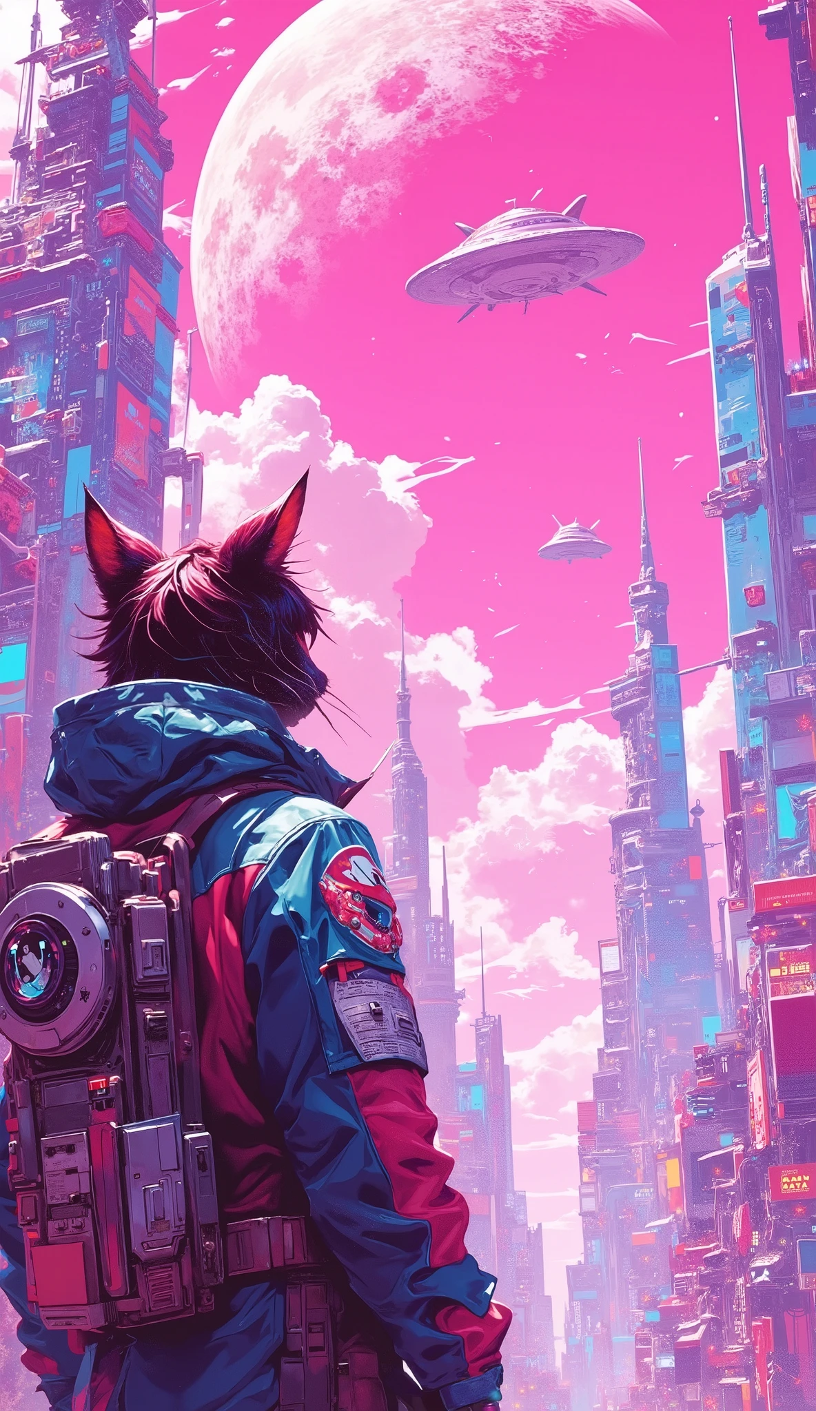 futuristic anime-style scene , cityscape , Looking up at the towering , Futuristic architecture . Star . overhead, with criss-crossed bridges and wires extending to the sky , full of bright, soft clouds . 在高层建筑middle , These buildings stand in the lower right corner of the image with surreal elegant structures and futuristic technology {x} A catwoman wearing a jet pack and a jacket decorated with a fish tank helmet patch, Back to camera. she looks in awe , being flooded by tall buildings . in the pink sky , middle, has a giant spaceship , and a giant planet that looks like the dead planet from Star Wars . The scene is full of bright colors and detailed lines , typical anime style art .