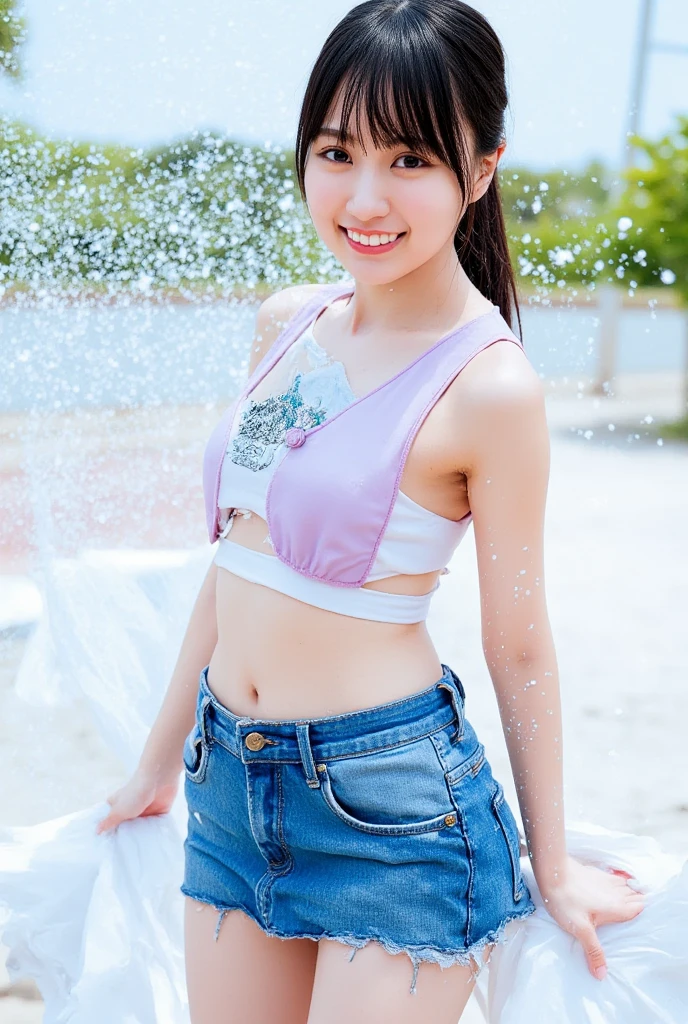 top-quality、masterpiece、超A high resolution、(Photorealsitic:1.4)、Raw photo、女の子1人、Yui Arakaki、Bright light source、poneyTail、in poolside、sunflowers、fully body photo、Melon Bikini、beautiful goddess、Beautiful、Beautiful camel toe、Spread legs、Show me the camel toes,、Beautiful skins、A dark-haired:1.7、Gacky、((poneyTail:1.5))、20yr old、happily laughing: 1.2、maikurobikini