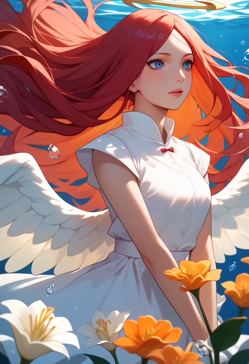 girl underwater, long red flowing hair, angel wings, orange yellow and white lily flowers, Kushina_Uzumaki/Boruto.