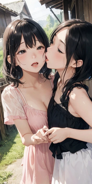 (baby:1.5), (Absurd, 8k, 4K, Tabletop, Extremely detailed:1.2), highest quality, Perfect Anatomy,Perfect Face,Look forward,High humidity,shortness of breath,High humidity,humid,blush, Black Hair, Hair ties, hair band, Outdoor, hair ornaments, Long Hair, Twin tails, (Sweaty:1.2), Embarrassing, (Wet:1.2), (rain:1.2), (Oily skin:1.1), nude, Browsing Caution, In the city, on the road, In the crowd, convenience store, (Very short stature:1.5), (cum body:1.6), (Two little girls are kissing each other:1.5), (Both eyes closed:1.3), A happy smile, (night:1.2)