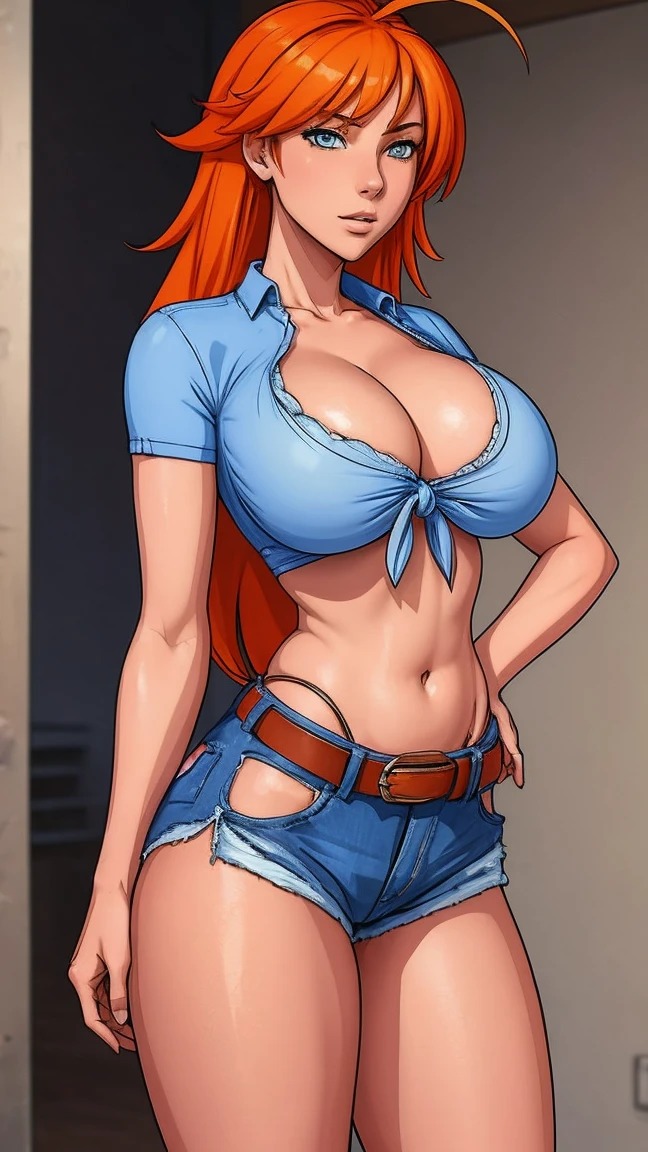 ((Red hair)), green eyes, long hair up to half, huge bust, ((full lips)), ((masterpiece)), ((detailed)), ((tank top)), ((denim shorts)), ((Best Quality)), ((gig stage)), huge breasts, ((bright)), (pretty eyes), looking away, playing an electric guitar with a powerful pose