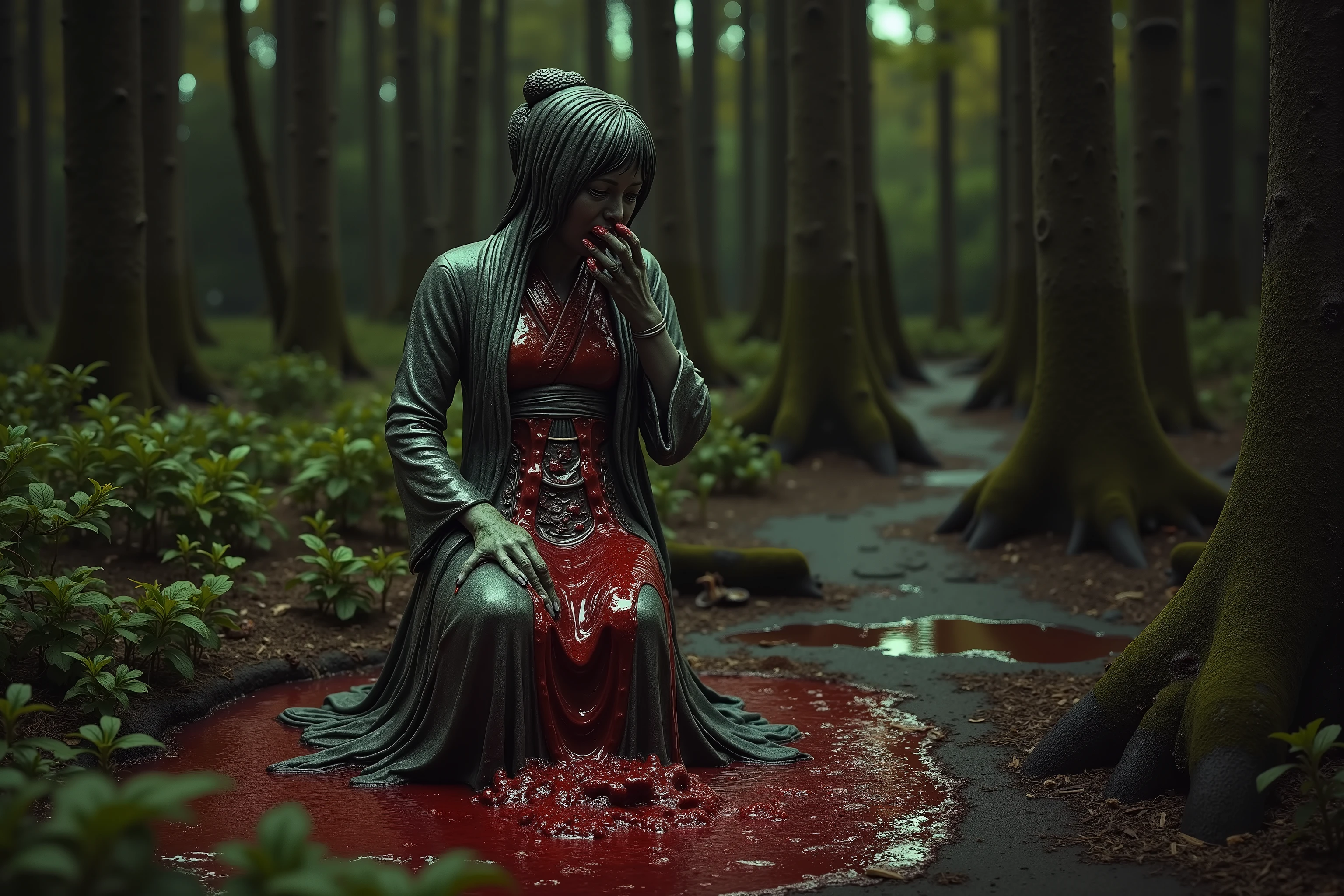A slimy cursed tentacle infested woods, night, glowing fungus and patches of slime light the woods and on out of place bronze statue of a crying princess (half buried pedestal, simple Japanese robe, weeping blood)