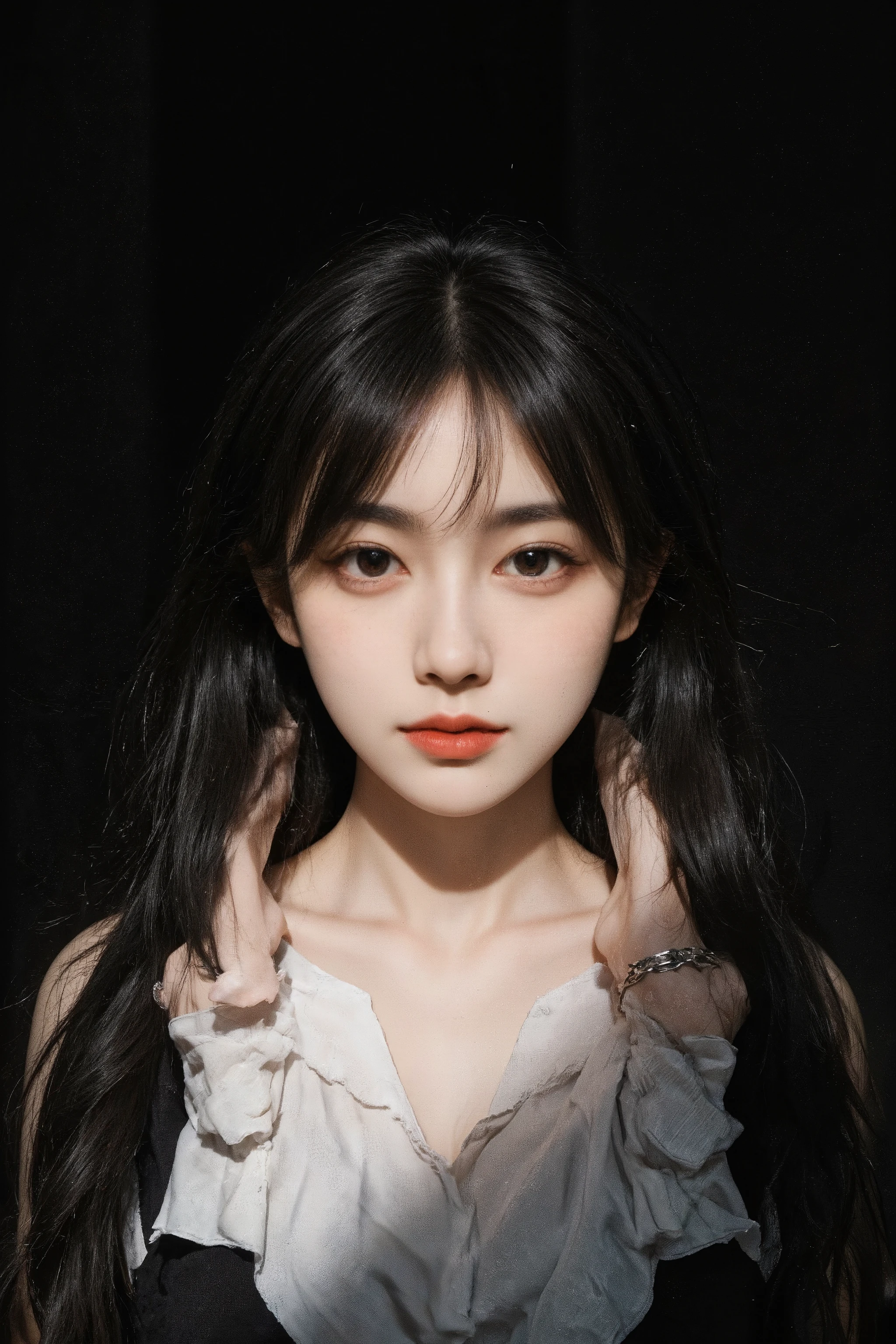 (front focus), ( in the dark :1.6),  Ultra Realistic Portrait of a Woman ,  image above the waist, fantasy art,  Photo realistic,   dynamic lighting ,  art station , Poster,  volumetric lighting,  very detailed face , 4k yen,   two-bracelet that won a realistic  , 1 girl ,  in the dark ,  white dress,Deep Shadow ,  discreet ,  ( Official Closing :1.4),  long hair,( entire body facing the camera:1.5),(body facing forward:1.2)