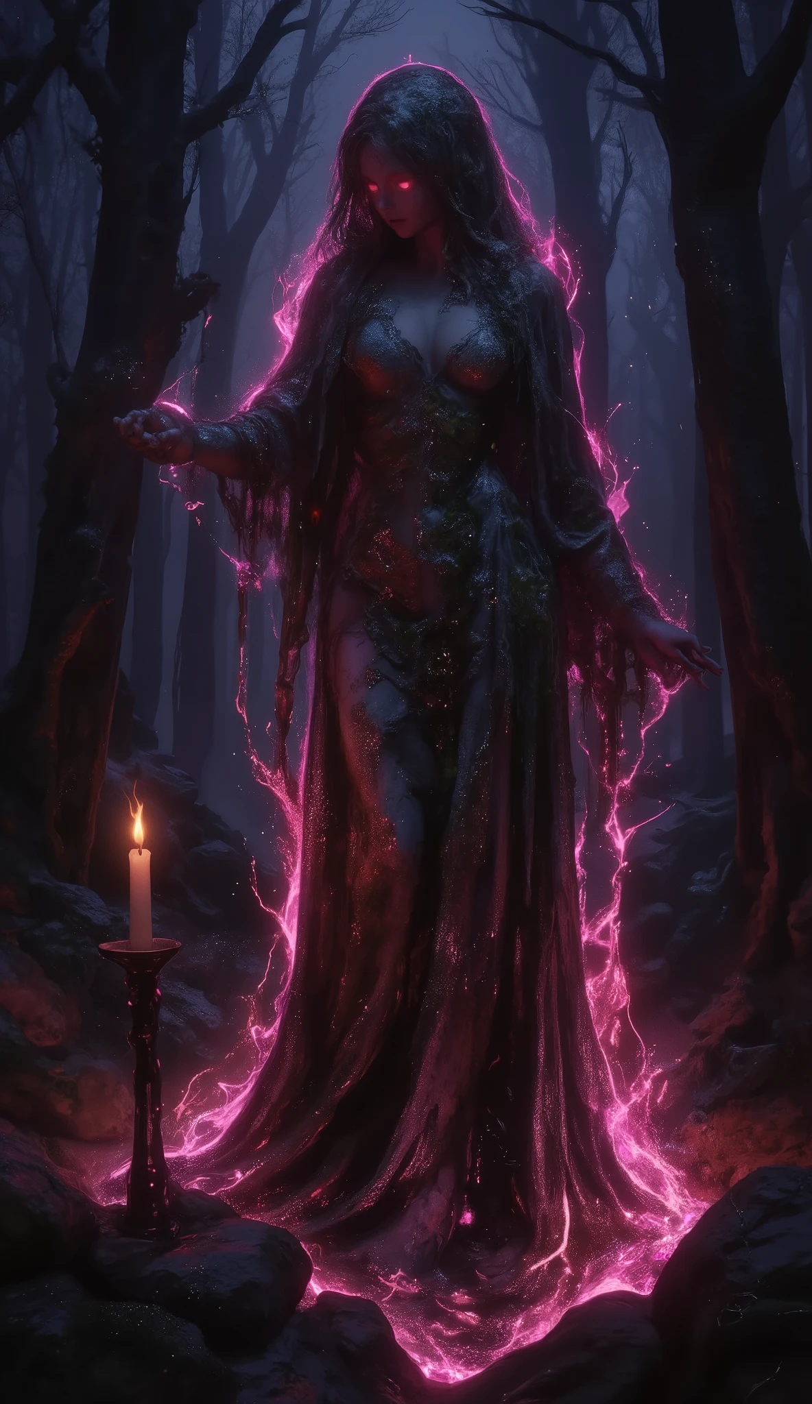 A cursed stone statue in the shape of a seductive woman, representing sexual desire and lust, located deep in the forest. It is wearing a robe, its eyes emit a lustful red light, and it turns anyone who looks at it to stone. The entire statue is covered in moss and large trees. In the dim forest, only the statue is illuminated. A terrifying pink aura emanates from the statue. It is engulfed in a mysterious pink flame. There are mysterious offerings made to it. There is a flame lit in a mysterious candlestick.