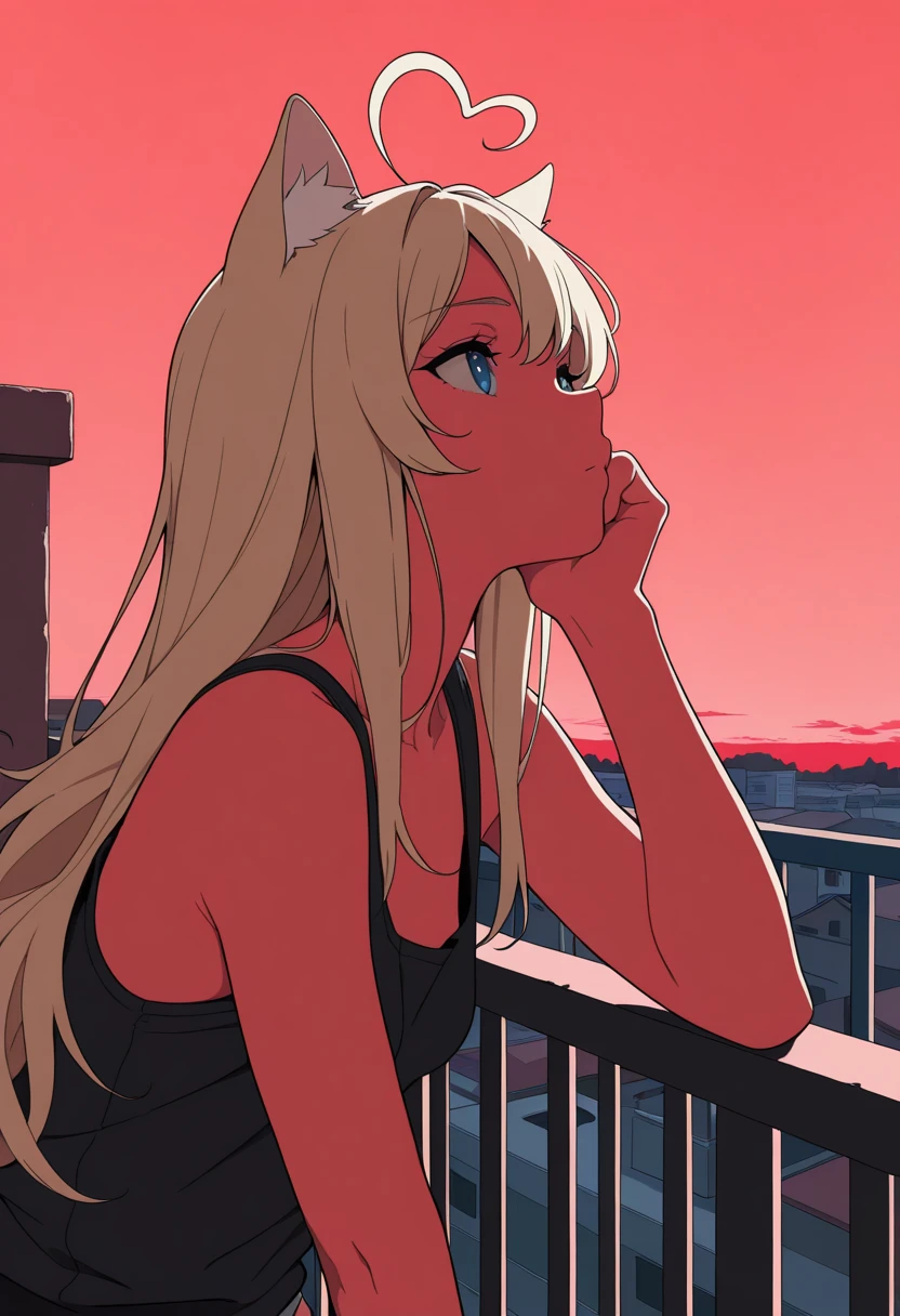 flat colors, masterpiece, best quality, amazing quality,
1girl, solo, cat girl, blonde, blue eyes, heart ahoge, cat ears, upper body, 
 long hair, looking afar,  head rest,  small breasts animal ears, tank top,
balcony, red sky,outdoors, 