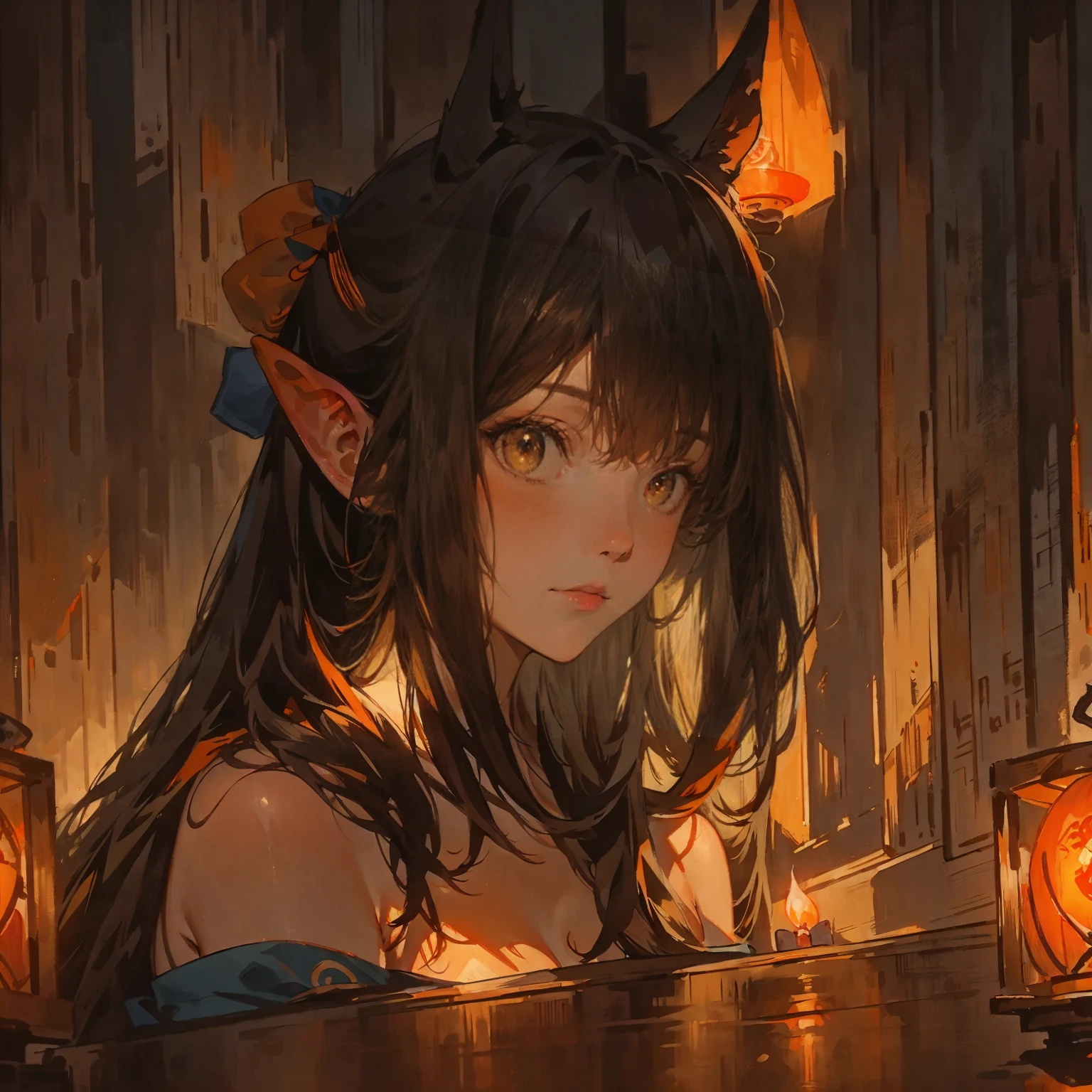 A Japanese  girl, elaborate navy blue kimono, elaborately decorated ancient-Japanese hair, black eyes, the pair of orange fox's ears on her head. pose:  facing the viewer,head slightly bow,. Setting: upper half body picture,  Night, traditional Japanese wooden room,candle light, dim, soft, orange light, with shadows.