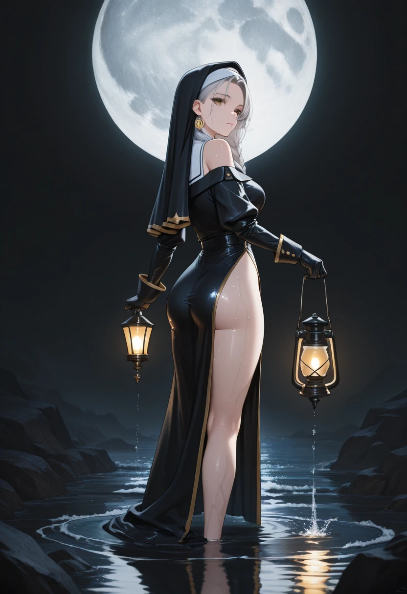 best quality, amazing quality, very  esthetic, newest, scenery, high-resolution, masterpiece,
1girl, solemn, confident, look back ,solo ,silver hair, braided hair, habit, black uniform, wet body ,open shoulder, high slit,  ,golden trimmed, earrings, jewelry, holding lantern ,gloves,
 dark background , water, moon light, reflection.