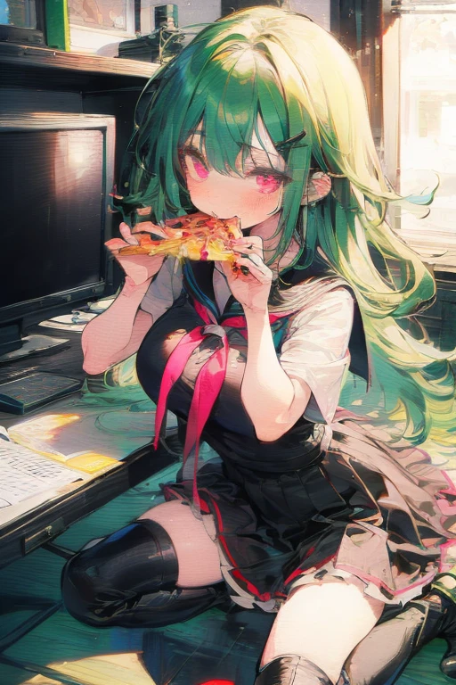 Manami, green hair, pink eyes, black seifuku, short sleeves, stockings, boots, large breasts, eating pizza, crt tv