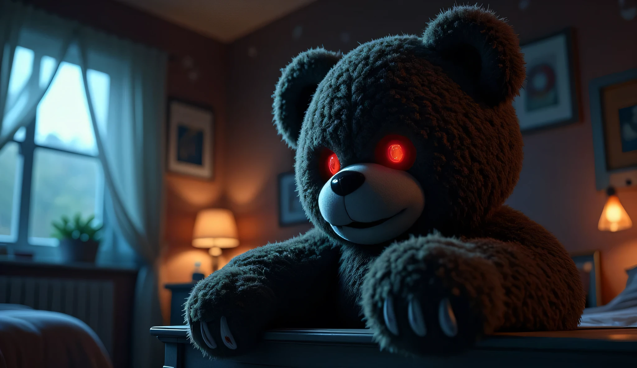 A cozy bedroom at night, lit by soft moonlight streaming through a window. A close-up 3D render of the teddy bear on the shelf. Its eyes glow an eerie red as its head tilts unnaturally. The shadows in the room deepen, twisting across the walls as the atmosphere turns sinister. Use dynamic lighting to highlight the bear’s glowing eyes and darkening room corners. Teddy Bear (Monster Form):
"A large, ominous teddy bear with dark, matted fur, glowing red eyes, and razor-sharp claws. The bear's stitched mouth is twisted into a sinister smile. The fur appears ragged and unkempt, with parts of it torn, adding to its monstrous appearance. Rendered in 3D with eerie, dynamic lighting to emphasize its intimidating features."