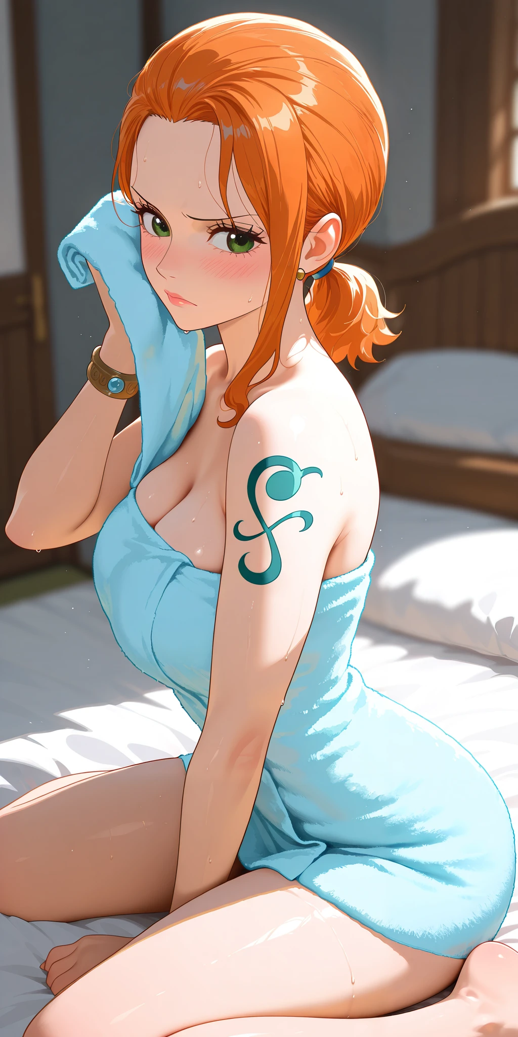 Ultra-realistic 8K CG, First Job, ((Ultra-detailed backgrounds, Delicate pattern, Intricate details)), (Very detailed, The finer details), Better Quality, (Realistic: 1.4), Beautiful lighting, Absurd, RAW Photos, Film Grain, ((Mid-breasted, slim)), Nami V2, One girl, Orange Hair, alone, Long Hair, jewelry, ((Mid-breasted, slim, sexy, Lewd, Left shoulder tattoo)), Brown eyes, View your viewers、blush、Embarrassing, toy, Cleavage, bracelet, clavicle, belly button, (Intricate detailsな背景, On the bed, on stomach, lying、Sunny, nature), ((Portraiture, close)), (stick out butt:1.3), sexyランジェリー