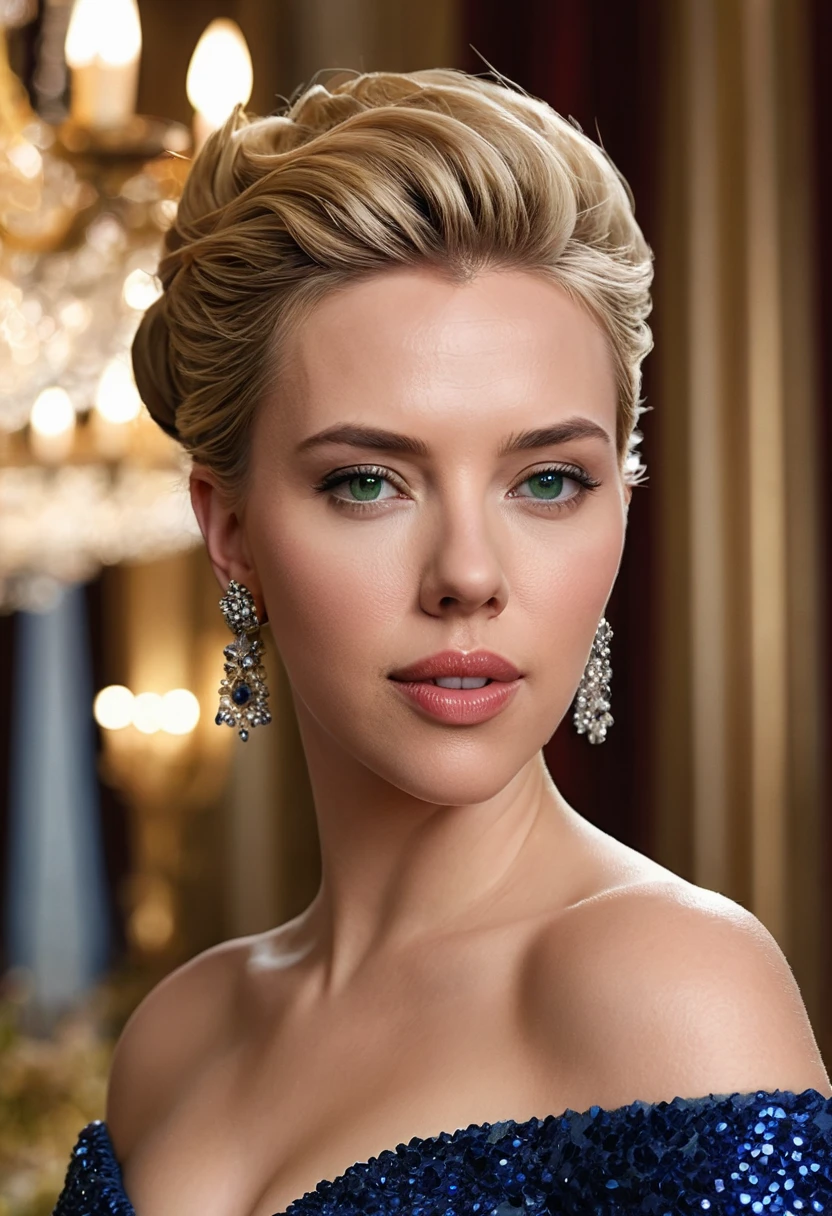 "Create a hyper-realistic image of a woman resembling Scarlett Johansson, highlighting her stunning, expressive eyes. Her deep blue-green eyes are vivid and luminous, with a captivating intensity that draws attention, framed by naturally thick, dark lashes. Her skin is smooth and glowing, with soft, rosy undertones, and her lips are full, with a natural pink color. Her blonde hair is styled in a sleek, side-parted updo, with a few loose strands framing her face. She’s dressed in a glamorous, floor-length ivory gown that drapes elegantly, featuring intricate lace detailing and a soft, flowing silhouette. The setting is an opulent ballroom with crystal chandeliers casting a warm, golden glow, and soft, blurred figures of other guests in the background, ensuring the focus remains on her striking eyes and graceful presence. The lighting emphasizes the depth and clarity of her eyes, making them the most captivating aspect of the image."
