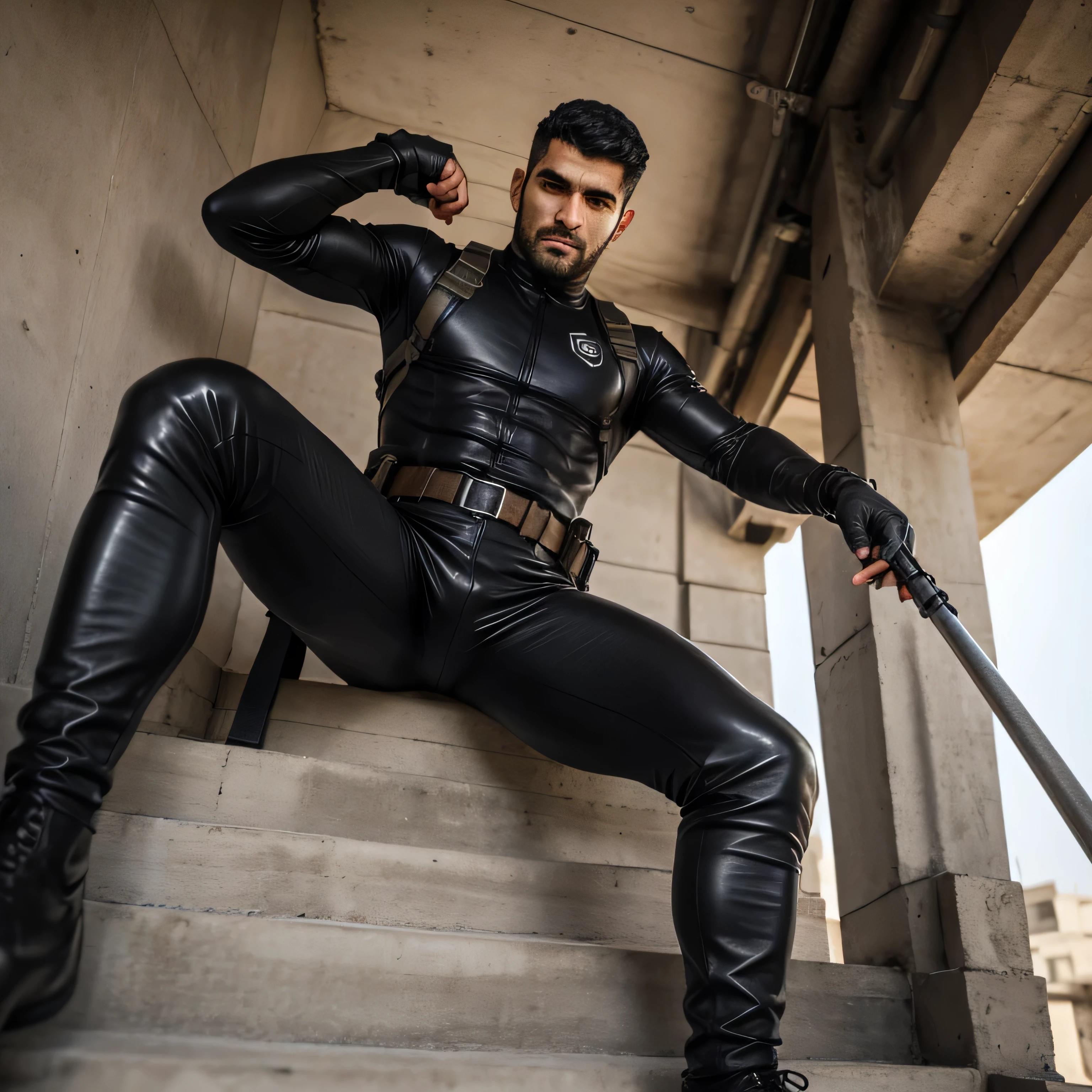 23 years old,One Man,、Black bodysuit、Shocker Belt、Black gloves、With a handgun on his hip、garden、In front of the gate、Sit with your legs wide apart　logic, ,Black Hair、Very short hair、Handsome Fighter　Stubble　Iraqi face　　The groin area is swollen　Get angry
