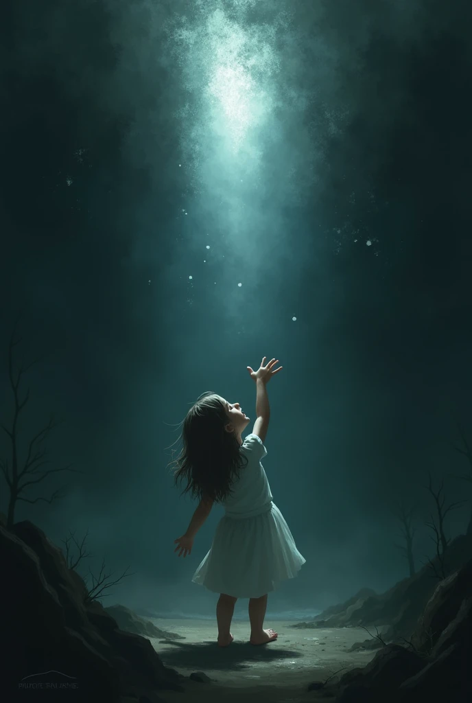 Generated illustration of a girl trying to grab a small light in the darkness