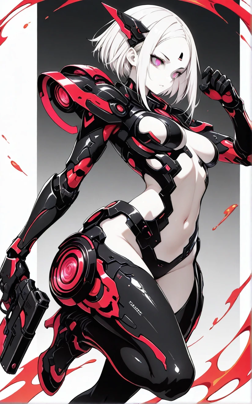 forehead,red color, molten armor theme, impossible clothes:1.3, front arm cut out, weaponry, slim design, standing, shaded face, pale skin, holding gun, diagonal background, jumping, dynamic pose, clothing cut out, navel cut out, pink eyes, skintight, red color, black color,two tone color scheme, sidelocks, sleek design, sinister beauty, ((masterpiece, ultra detailed)), best quality, high quality))