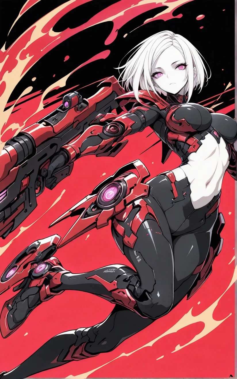 forehead,red color, molten armor theme, impossible clothes:1.3, front arm cut out, weaponry, slim design, standing, shaded face, pale skin, holding gun, diagonal background, jumping, dynamic pose, clothing cut out, navel cut out, pink eyes, skintight, red color, black color,two tone color scheme, sidelocks, sleek design, sinister beauty, ((masterpiece, ultra detailed)), best quality, high quality))