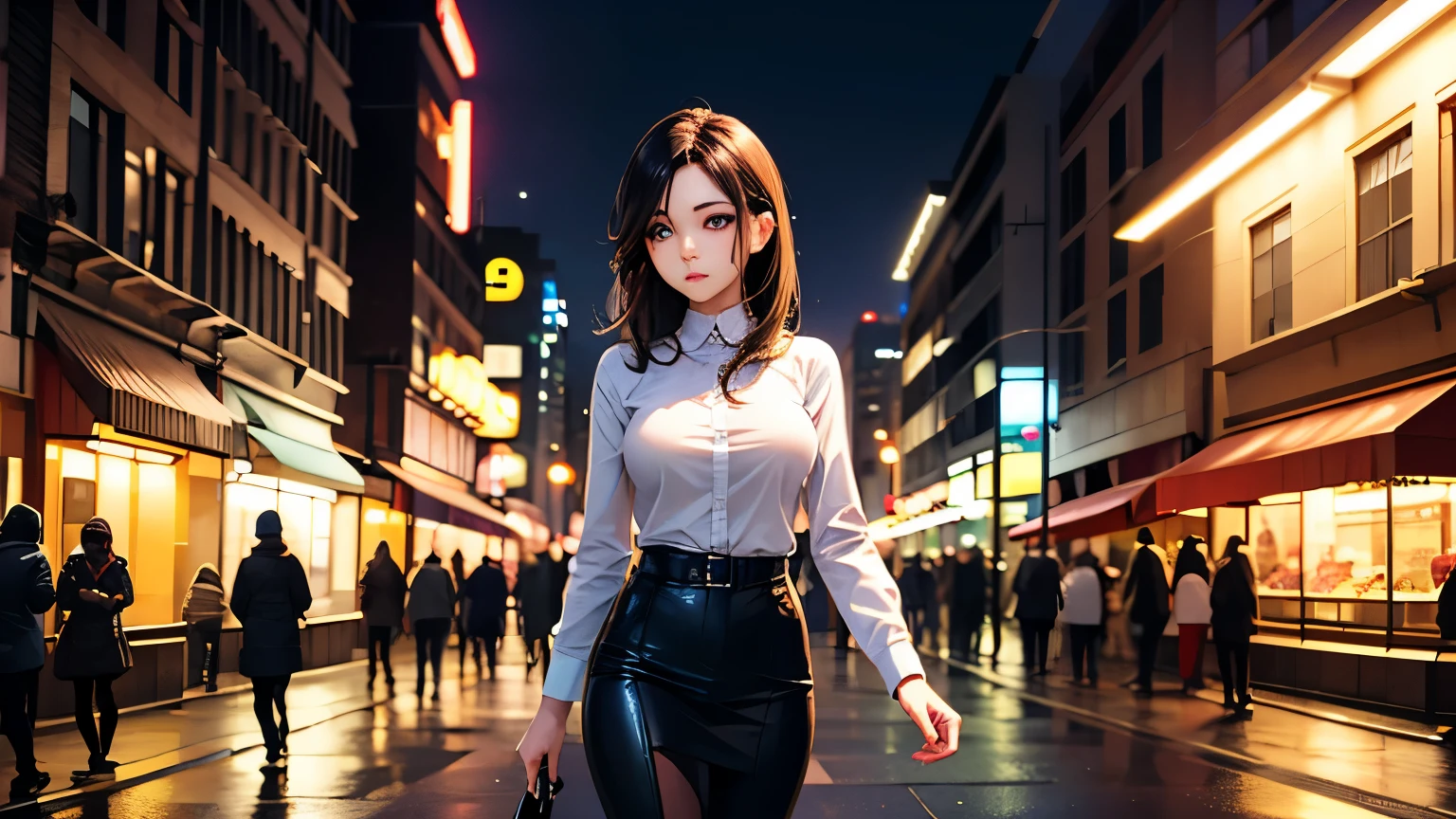 There is a woman walking down a city street at night - SeaArt AI