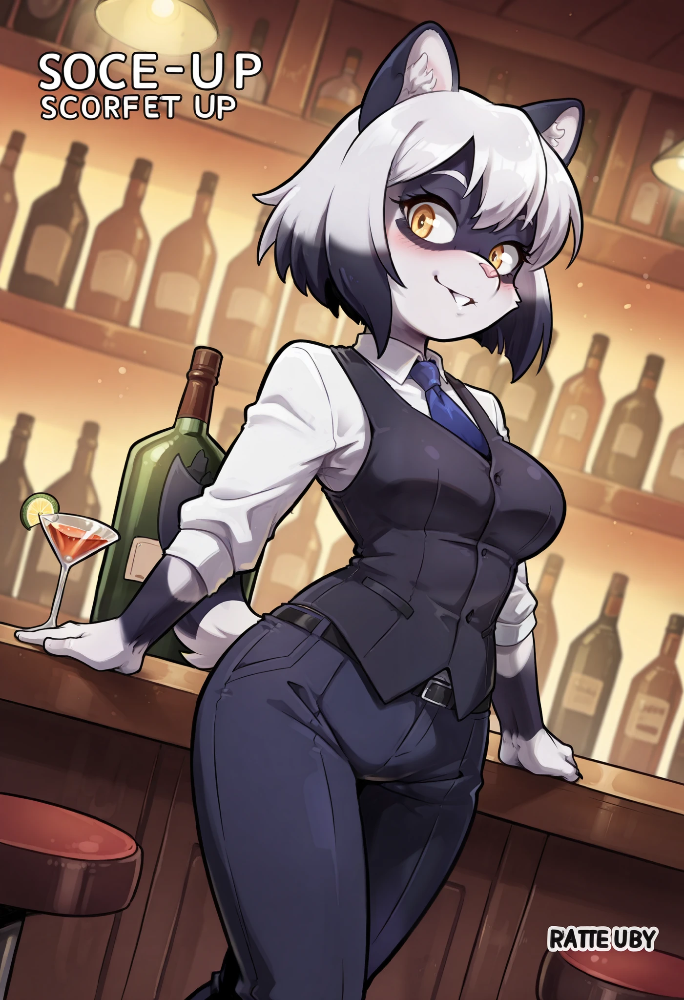 pikkyvanica, 1girl, black hair, solo, red eye, eyepatch, one eye covered, black suit, white collar shirt, black necktie, standing, dark, depth of field, bar, dark bar, (blood), smirk, looking at viewer <lora:Vanica:0.75>
