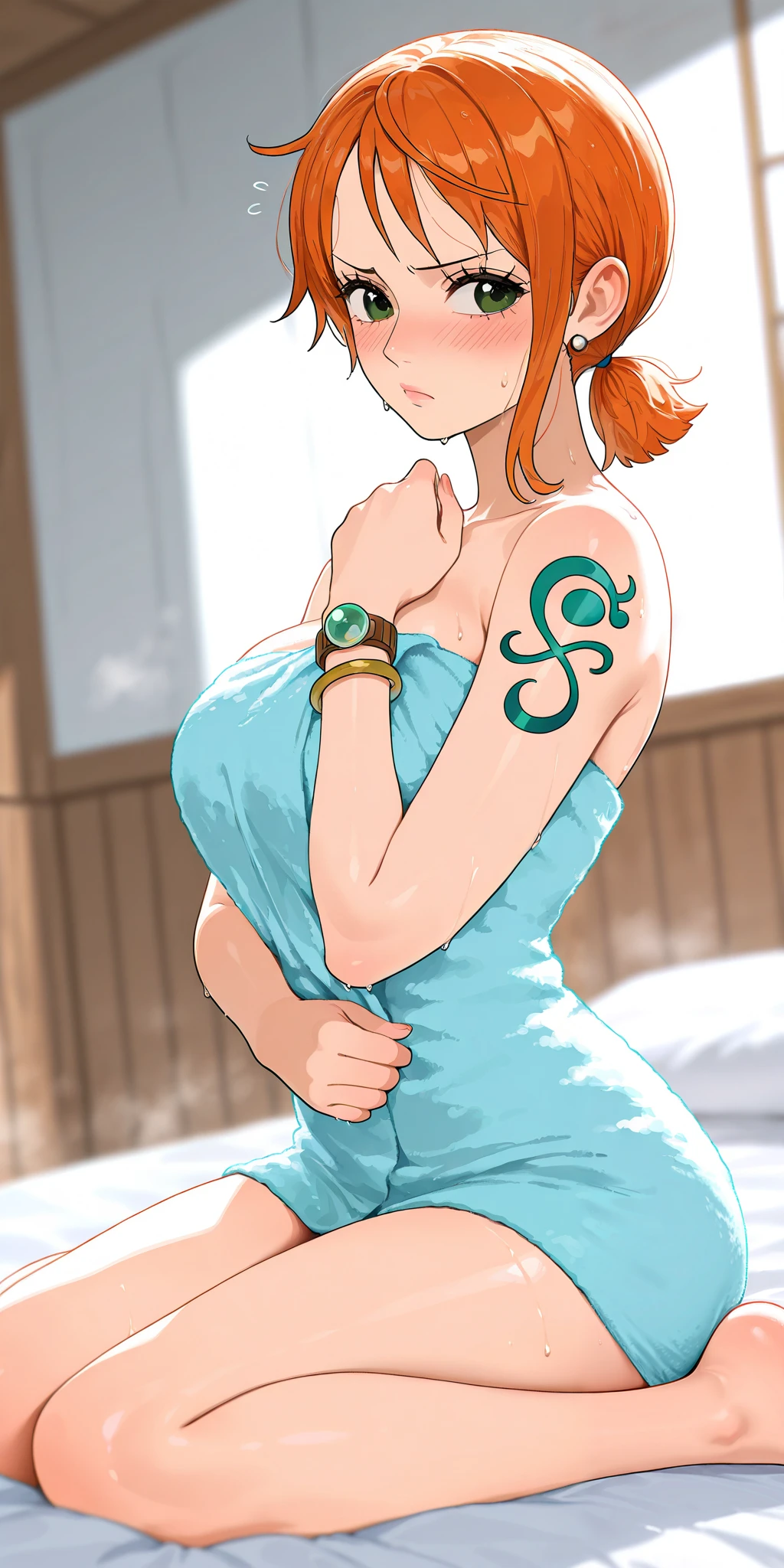 masterpiece, best quality, amazing quality, 1girl, Nami, one piece, green eyes, orange hair, short hair, low ponytail, blue crop top, naked towel, bracelet, embarrassed, blush, on bed, w sitting, wariza, adjusting towel