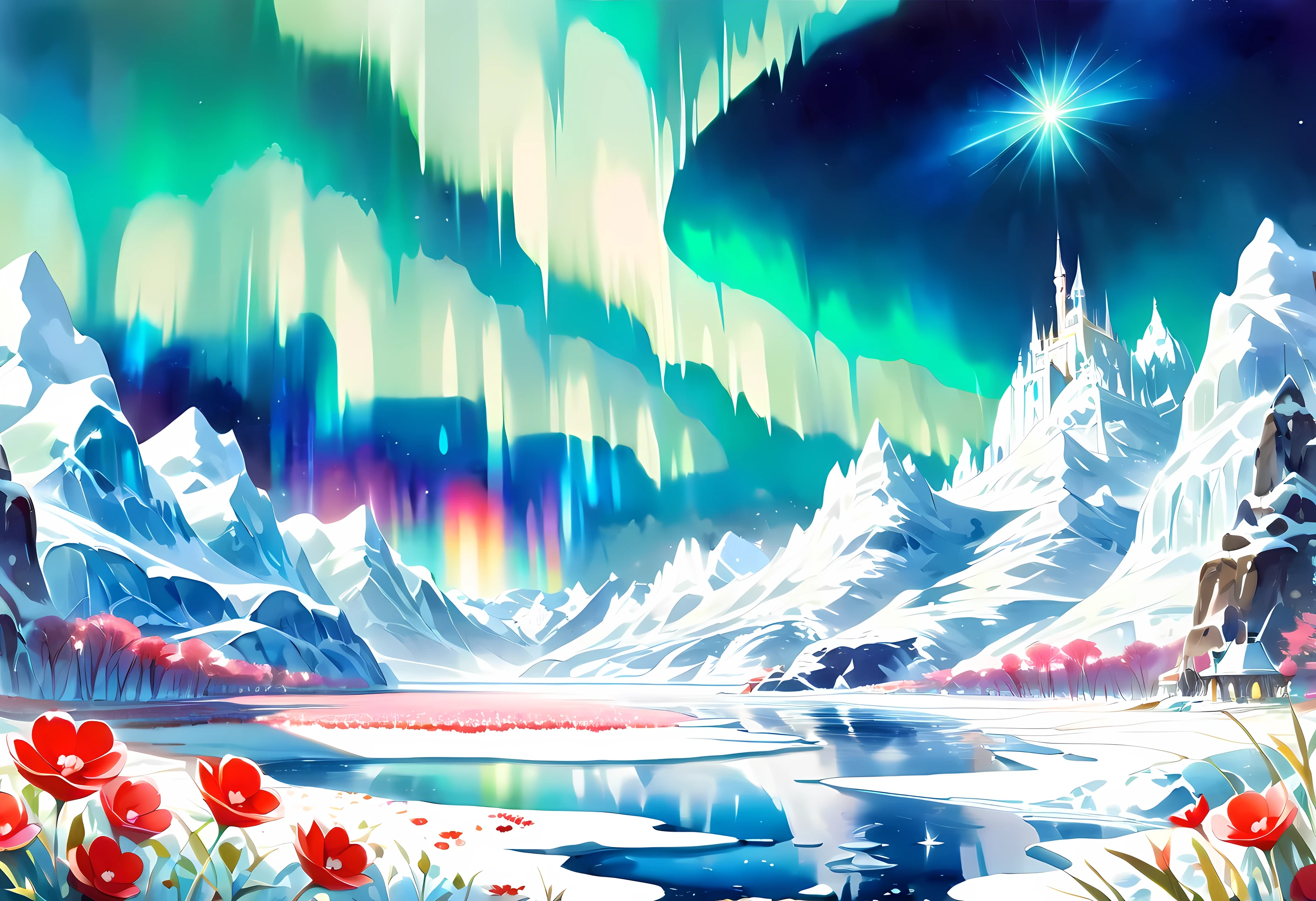 ((( exquisite watercolor painting depicting a beautiful landscape of a small but fertile oasis on frozen ground))),(((Soul Love ))),(( best quality ,masterpiece:1.5)),(( Paradise-like Colony )),((Dazzling light)),((Palace-like high-rise tower )),(( bluish all over )),( Large Coloured Photons :1.5),( shining flowers ),( pearl white ),(perfect anatomy),( Ultra High Quality),( detailed background),( Artwork),(An elaborate watercolor painting depicting a beautiful landscape of a small but fertile oasis on frozen ground along a waterside with a faint green light ),( sacred),(Great harmony ),(The 々 creatures you depict are beautiful),Desaturated:1.3, rich color palette , Beautiful dreamy lighting , anime style,Snowfield,truth,joy,thank you,comfortable,fair,Elegance,Polite , true strength , full of vitality ,altruism,Beautiful,clean, Soft ,Here and now , Forget Time ,Unadorned ,fun,continuation,iceberg, Aurora,An airship in the distance ,Space Song ,canopy,White Lion