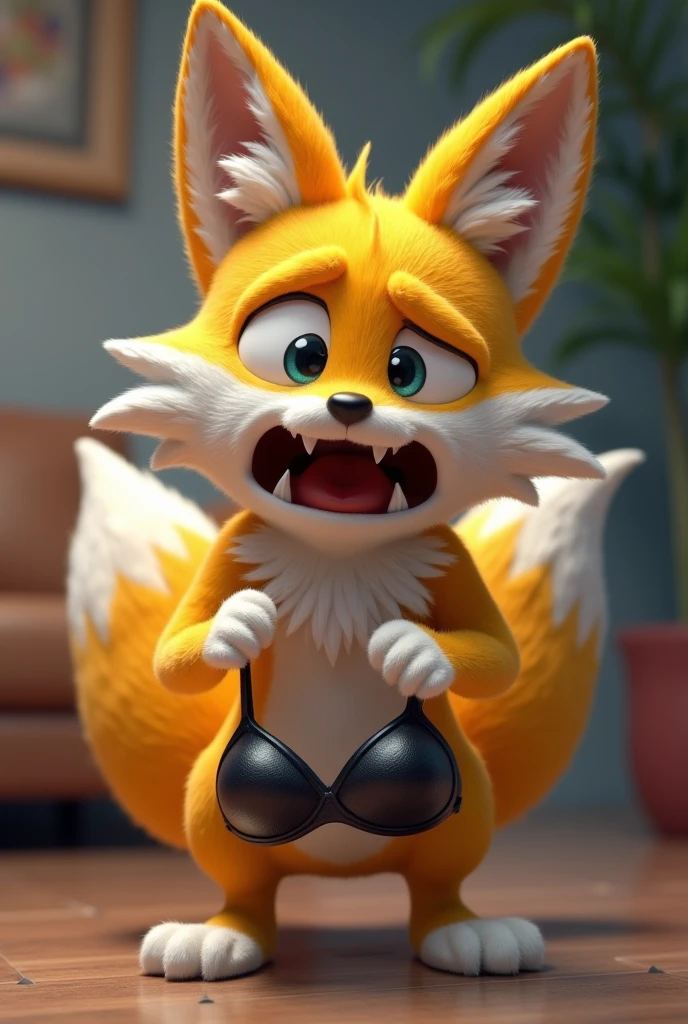 create an image of: Tails(a nervous yellow anthropomorphic fox with 3 )  tails sweating screaming carrying A bra in the foreground in the living room of the house up close,  Realistic style
