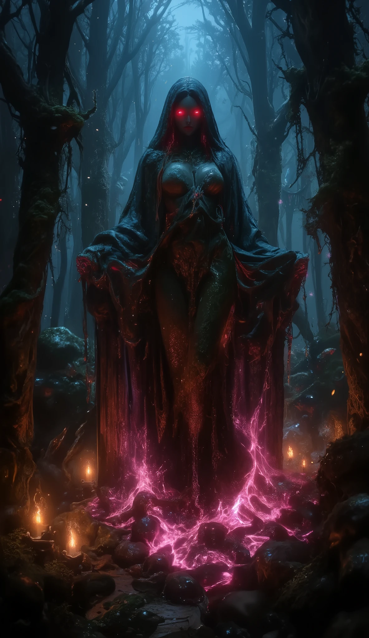 A cursed stone statue in the shape of a seductive woman, representing sexual desire and lust, located deep in the forest; it is dressed in a robe; its eyes emit a lustful red light; it turns anyone who looks at it to stone; the entire statue is covered in moss and large trees; the statue is the only light shining in the dim forest; a terrifying pink aura emanates from the statue; it is engulfed in a mysterious pink flame; mysterious offerings have been made; flames are lit in mysterious candlesticks; human bodies turned to stone are scattered around