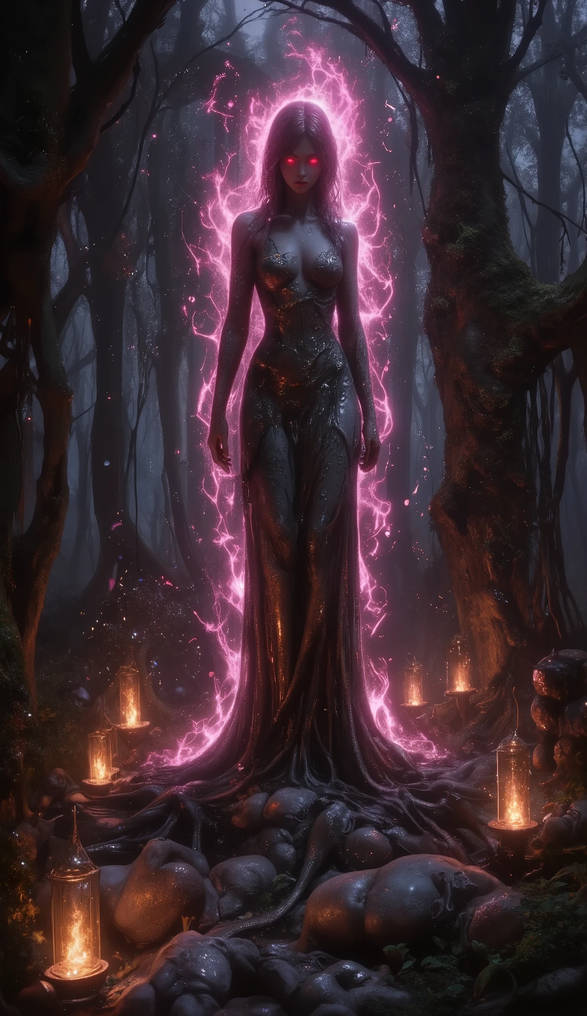 A cursed stone statue in the shape of a seductive woman, representing sexual desire and lust, located deep in the forest; it is dressed in a robe; its eyes emit a lustful red light; it turns anyone who looks at it to stone; the entire statue is covered in moss and large trees; the statue is the only light shining in the dim forest; a terrifying pink aura emanates from the statue; it is engulfed in a mysterious pink flame; mysterious offerings have been made; flames are lit in mysterious candlesticks; human bodies turned to stone are scattered around