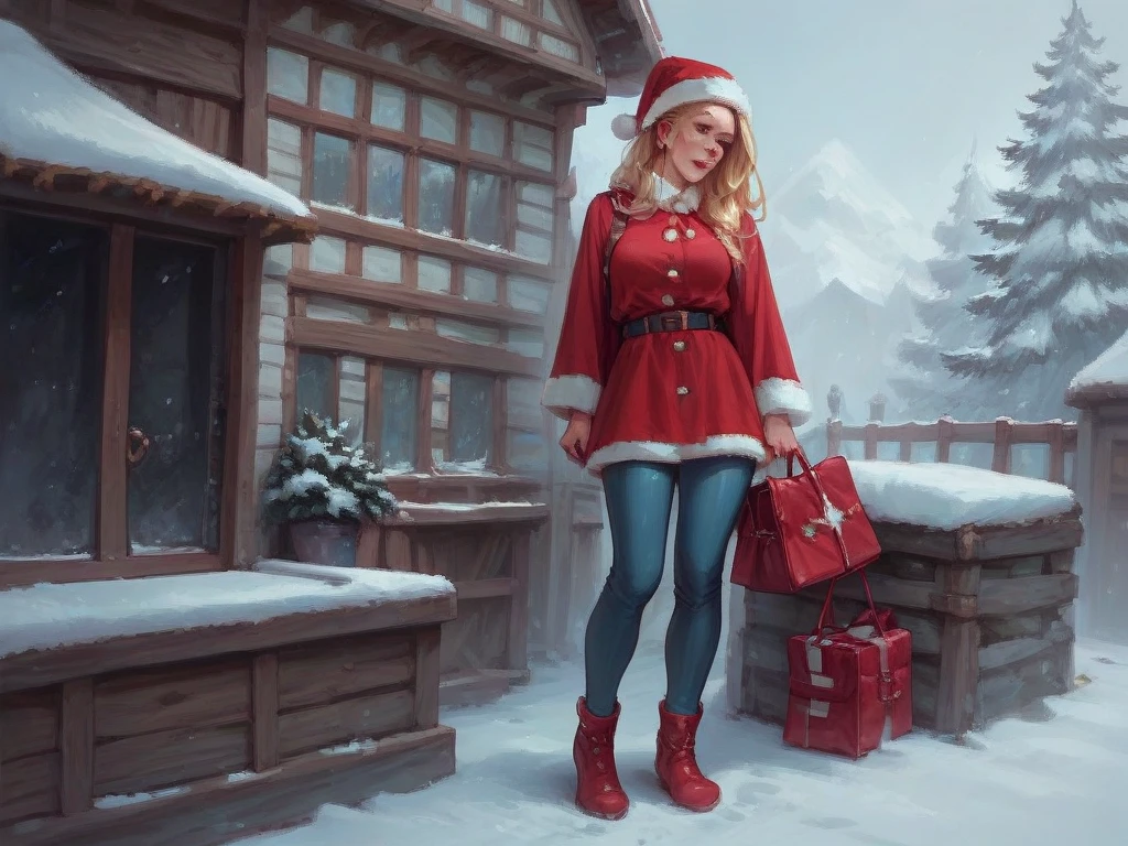 On a snowy roof , , a girl dressed as Santa Claus sits with her bare booty with her pants down on the chimney in her hands pulling a big red bag with gifts 