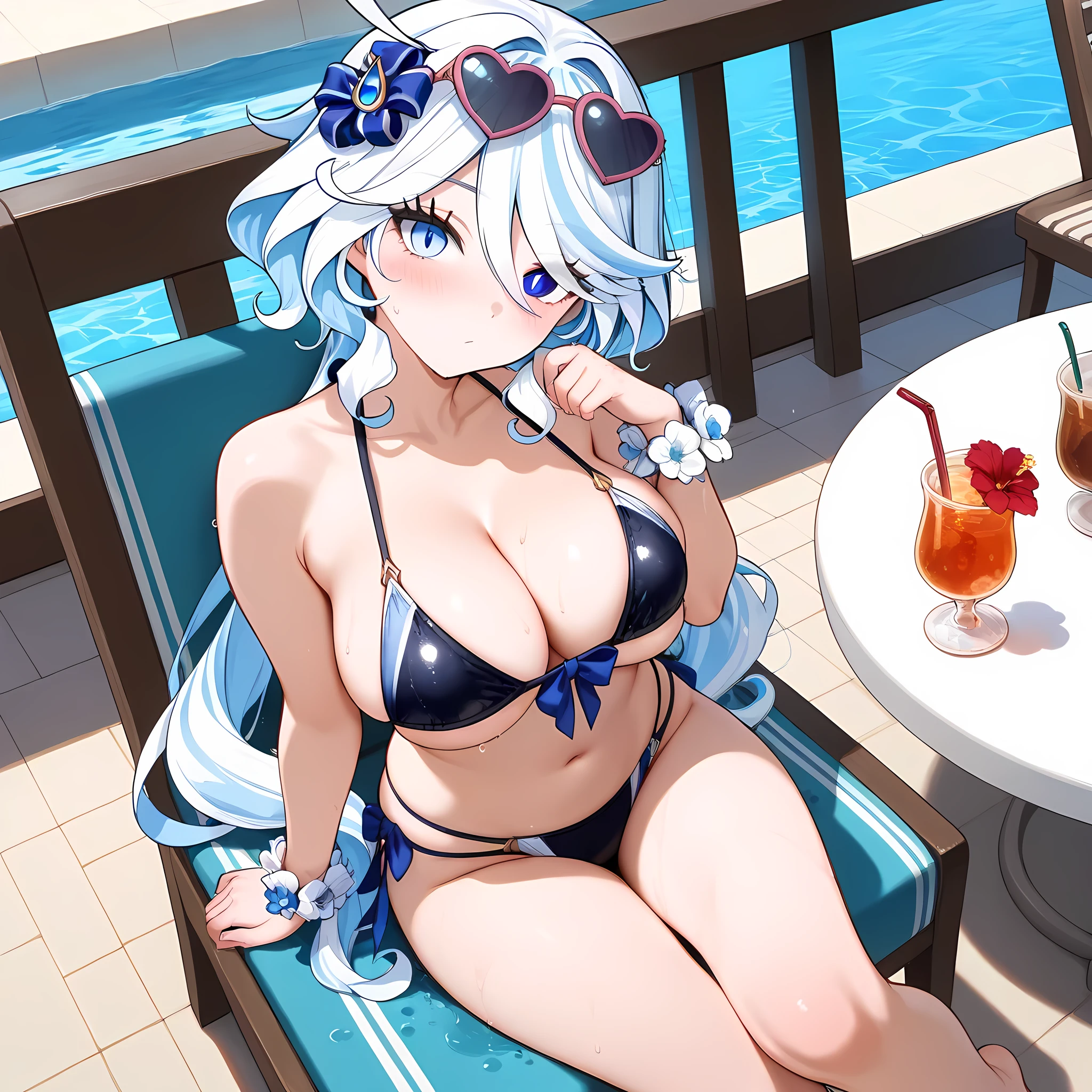 (masterpiece), best quality, expressive eyes, perfect face,1girl,furina,genshin impact,mature woman,big breasts,cleavage,underboob,sideboob,long hair,twintails,long twintails,(elegant bikini),string bikini,multicolored swimsuit,(model:1.4),looking from above,poolside,sitting,chair,table,drink,blush,beach cafe,sexy pose,(bare shoulders),flower bracelet,head tilt,thinking,mouth open,wet,water,bare feet,hair flower,hairbands,heart-shaped sunglasses,cowboy shot,question mark