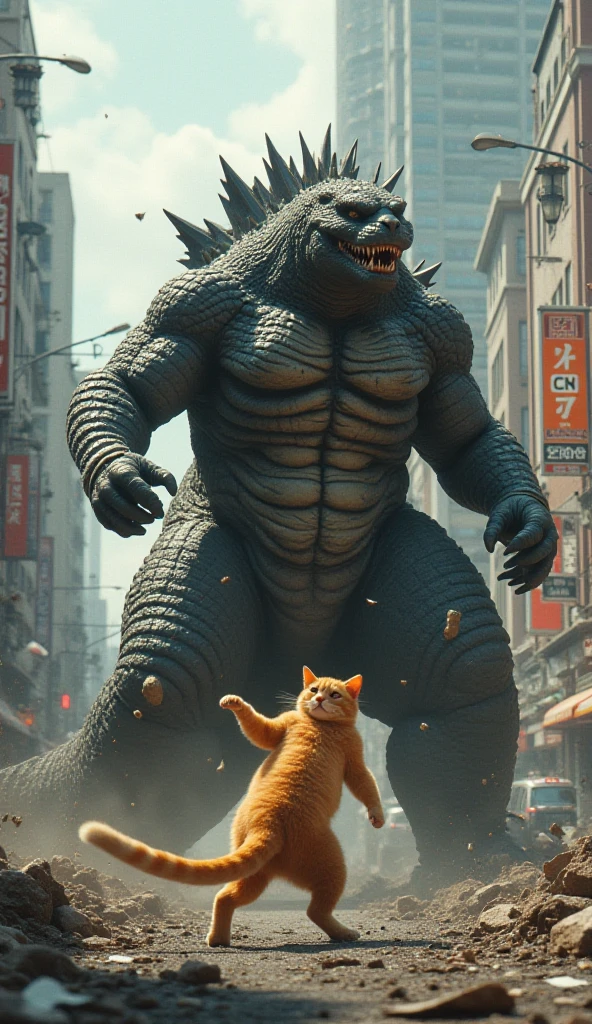 A giant body builder  cat and godzilla face to face in city