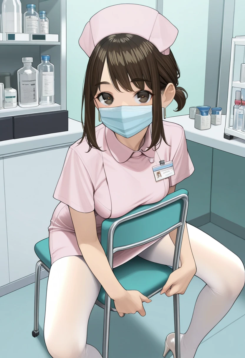 masterpiece, best quality, 1girl, solo, douki-chan_(douki-chan), brown hair, short ponytail, hair tie, sidelocks, earrings, , nurse, nurse cap, pink dress, surgical mask, indoors, laboratory, science fiction, bottle, shelf, sitting backwards, chair, on chair, sitting, spread legs, white pantyhose, looking at viewer