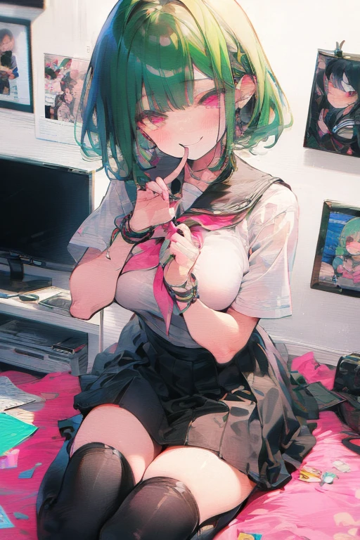 Manami, green hair, pink eyes, black seifuku, short sleeves, stockings, boots, large breasts, posters of her idols on her walls, smiling, cheeks blushing, crt tv