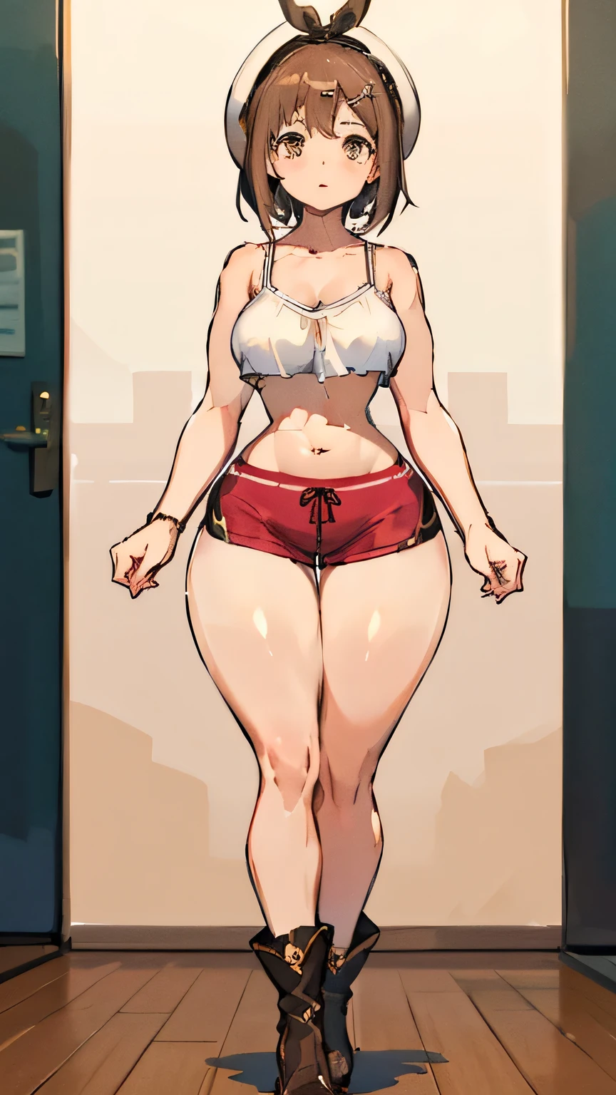 SFW, (short ((red hair))), (bikini), curvy, sexy pose, big legs, exposed legs, thick thighs, sexy thighs, thin waist, small waist, full body, high heels, (long legs, tall girl, big ass, huge ass, gigantic ass)