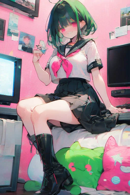 Manami, green hair, pink eyes, black seifuku, short sleeves, stockings, boots, large breasts, posters of her idols on her walls, smiling, cheeks blushing, crt tv