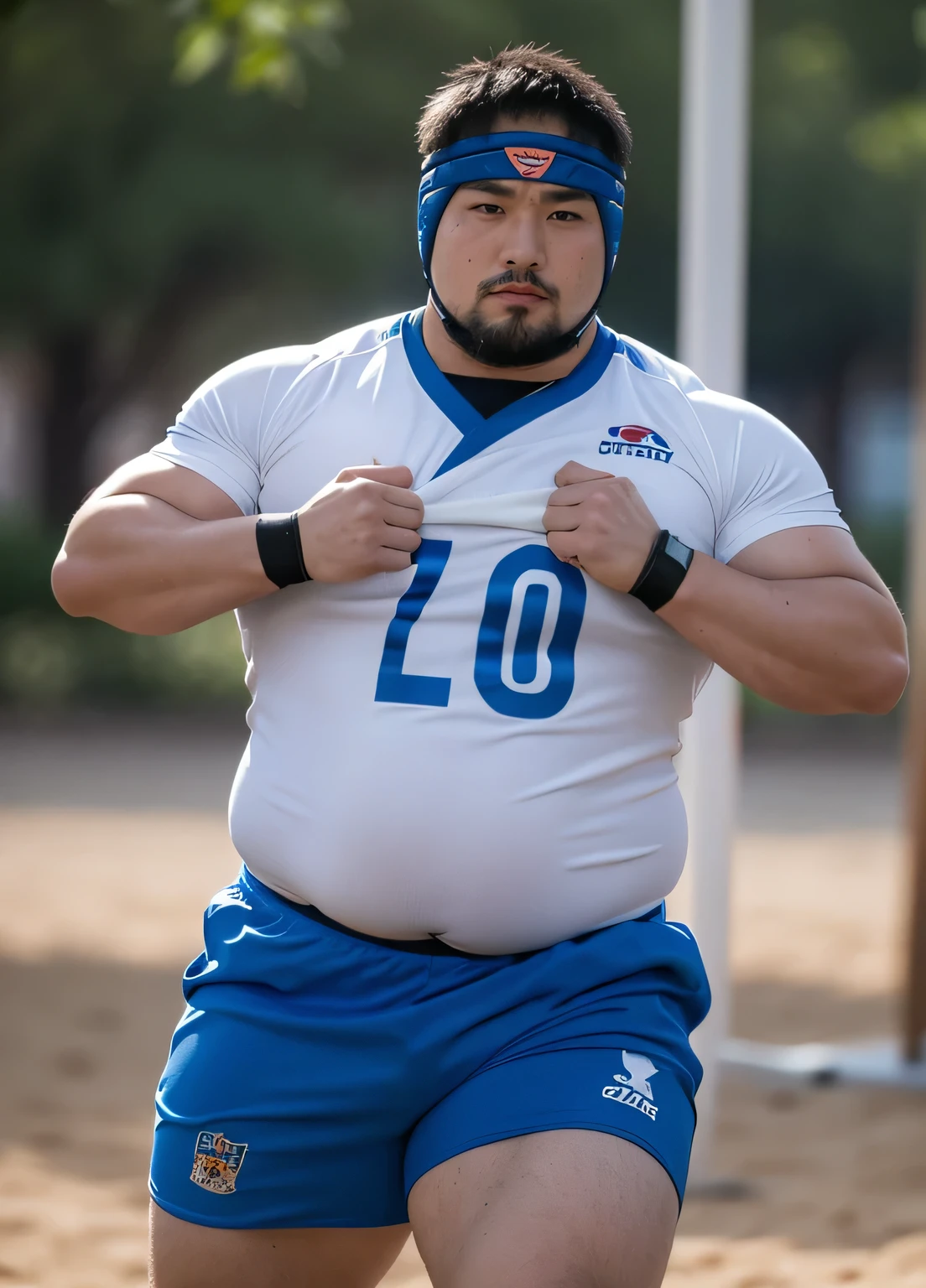 ((highest quality)), ((masterpiece)), (detailed), ((Perfect Face)), 4k, Shaved head, Young Japanese, Muscular, Fat body, Very big man, smile, ((showing off crotch)) A large Japanese man shirtless、whole body、Rugby player、Thick legs、Thick arm muscles、Intimidating、whole body、wearing a very tight and very short black-shorts, (shirtless)、((At the rugby field)), Legs open, haka dance, 