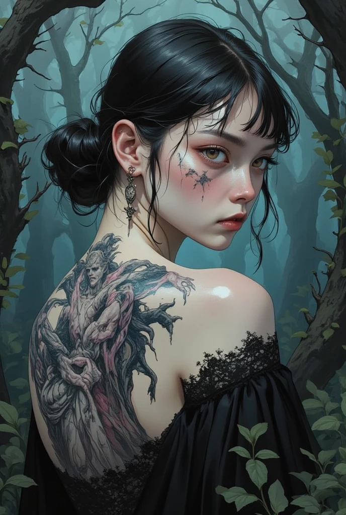 Anime, artwork, theme is "Cursed Statue Deep in the Forest", there is a photo of a naked woman with a tattoo on her back with a design of a cursed statue deep in the forest, looking back, feminine gothic aesthetic, close up details, detailed shot, clear details, artsy love blow style, silkscreen art, close up photo, extra fine ink details, silkscreen print, highly detailed, vulgar