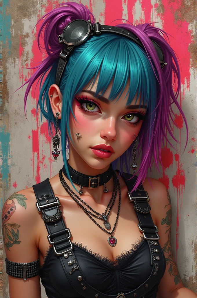 Gothic girl, smoking, full of scars, pink and green hair, naked wearing only a ripped mini skirt without panties, with her legs wide open that you can see her pussy pissing. she has a naughty face