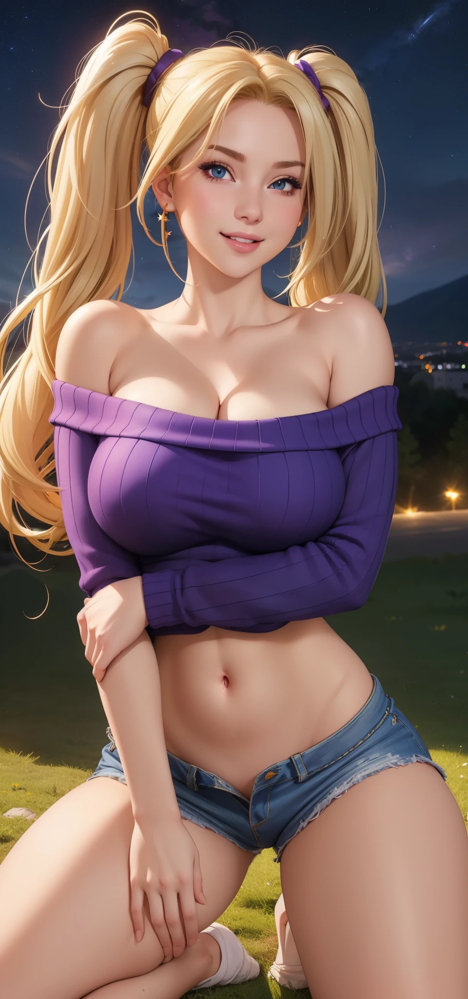 (best quality, ultra-detailed, photorealistic: 1.39), bright and vibrant colors, studio lighting, romantic expression, blonder twintail, busty, cleavage, off shoulder sweater, shorts, thighs, (pov, close shot), smiling, street background, gigantic breasts,outdoors at night ,stars sky, heart shaped bikini, pale skin  at the top of a hill over looking a small town,grassy hill,very dark background, purple glow around her body ,(( naked )), (( open legs  ))