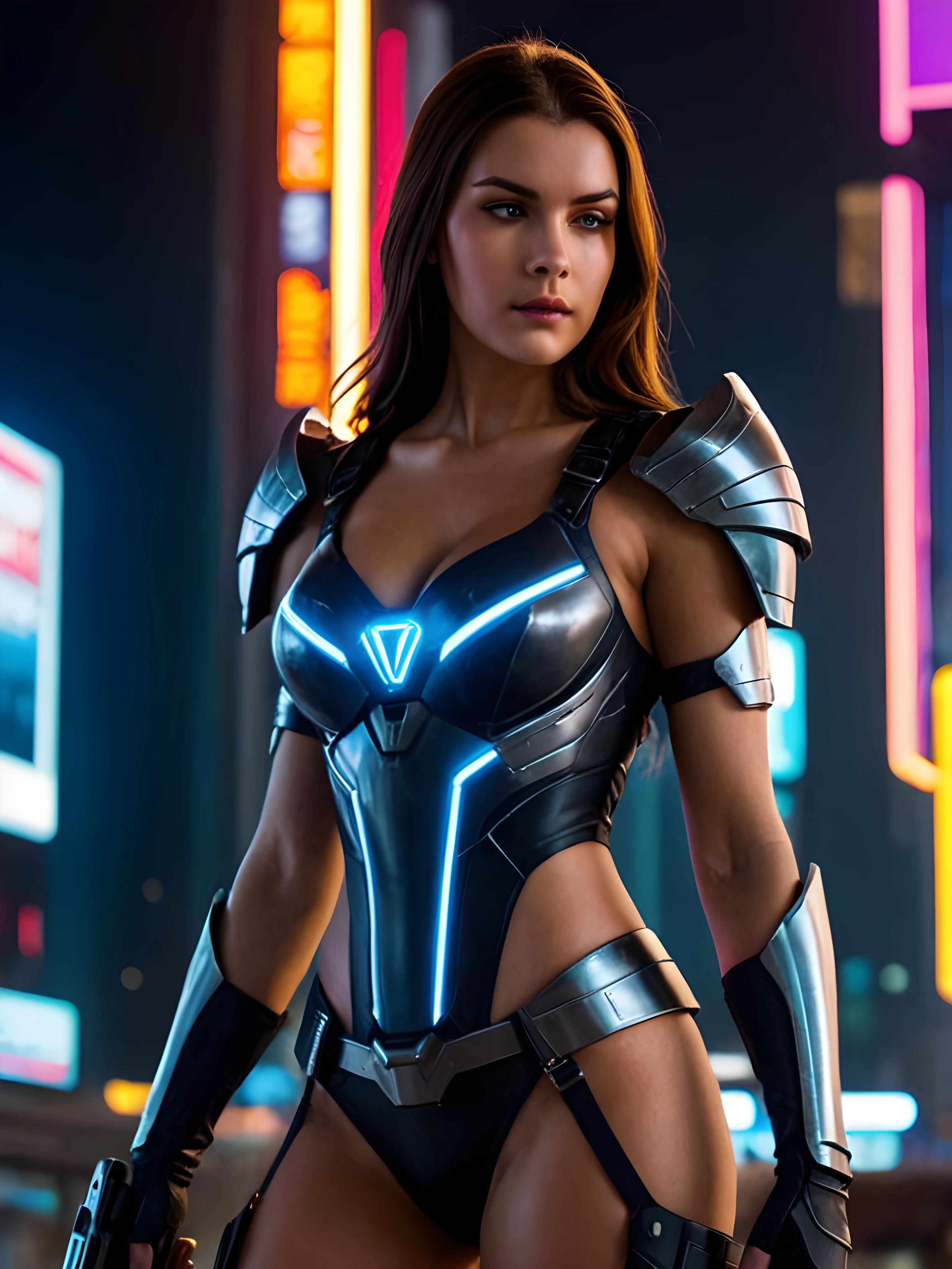 Portrait of a Gorgeous mech warrior woman, random color battle suite with random color LED lights, high-tech, assassin, cyberpunk city background, futuristic, detailed and intricate, (cleavage:1.2), sexy masterpiece, best quality, highest quality, high definition, highly detailed, 8K, athletic and fit body, naughty, perfect hands, detailed hands, perfect eyes, detailed eyes, flirty, sexy, realistic, HDR, UHD, dynamic, cleavage