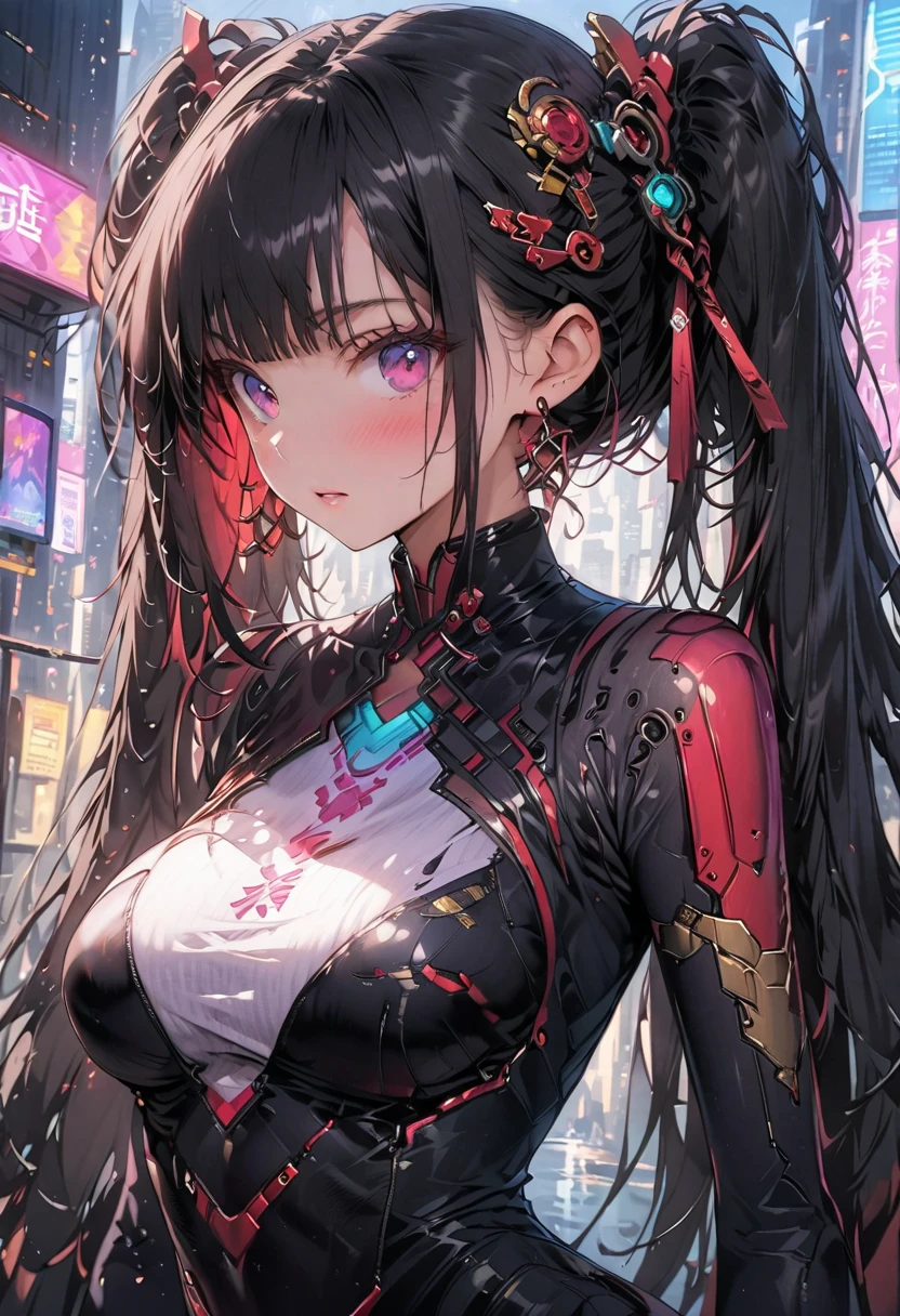 (best quality), (Ultra-fine), (masterpiece), Portrait close-up, A girl Chinese costume cyberpunk, (cyberpunk,Chinese clothing,cybernetic implants),looking at camera,hair accessories, bright colors,neon lights,glowing city skyline,future fashion clothing,A combination of traditional and modern elements,Avant-garde makeup,beautiful breasts,Exquisite hairstyle,confidence and determination,city environment,Metallic feeling,Mechanical armor, Gorgeous accessories,High-tech products,Impressive cybernetic enhancements,Clear focus,gnarly details, Overclocked rendering, Cinematic edge light, fine light, masterpiece, Super details, epic work, ultra high definition, high quality, 32k