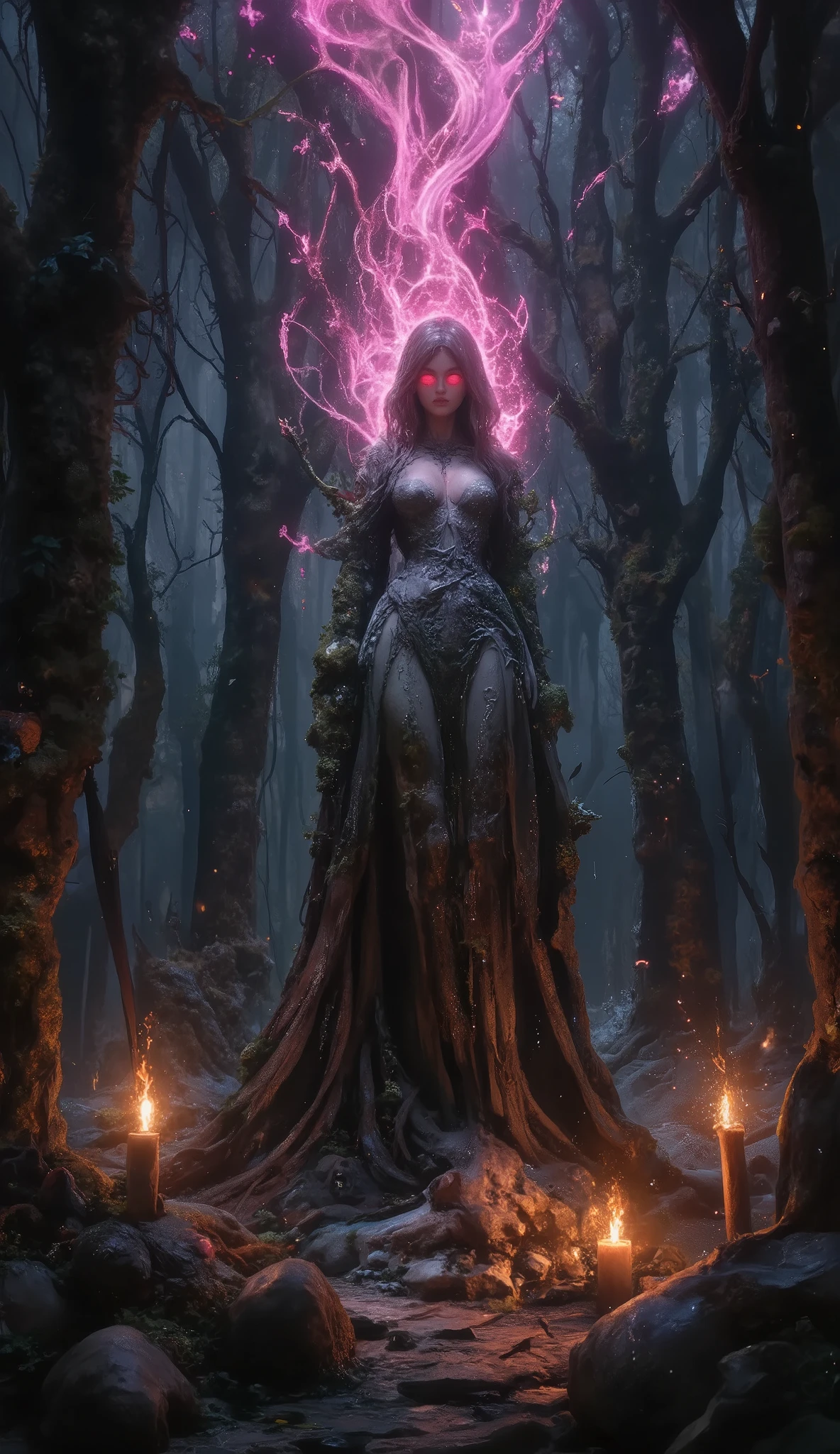 A cursed stone statue in the shape of a seductive woman, representing sexual desire and lust, located deep in the forest; it is dressed in a robe; its eyes emit a lustful red light; it turns anyone who looks at it to stone; the entire statue is covered in moss and large trees; the statue is the only light shining in the dim forest; a terrifying pink aura emanates from the statue; it is engulfed in a mysterious pink flame; mysterious offerings have been made; flames are lit in mysterious candlesticks; human bodies turned to stone are scattered around