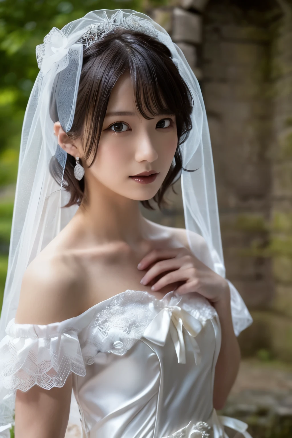 1 girl, ( wearing a gothic wedding dress :1.2), (Veil), Portrait of a very beautiful Japanese idol standing in an old Scottish castle,
( RAW photos, best quality ), ( realistic, realistic:1.4), (masterpiece),
so delicate and beautiful, very detailed, 2k wallpaper, amazing on the beach, finely, very detailed CG Unity 8K wallpaper, very detailed, High Resolution , Soft light,
girl with beautiful details wearing a navy blue blouse, very detailed目と顔, beautiful and sophisticated nose , beautiful beautiful eyes under the sun, movie lighting,
(Standing in an old Scottish castle:1.3), ( overcast, monotone dark screen standing in an old Scottish castle :1.3), (Thick Fog),
(Short hair), Perfect Anatomy, slender body, ( small breasts), whole body