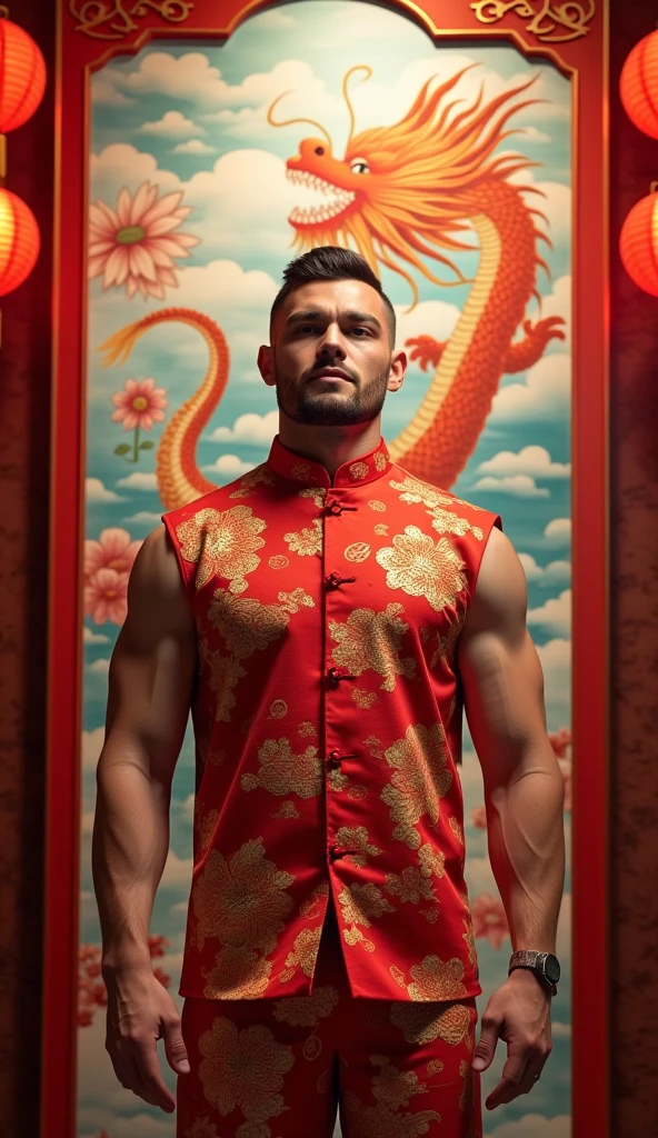 character portrait painting including full-length body image, huge muscular physique, handsome bald Jamaican, longshot, naked male in Arabian Nights costume, visible alien tattoos on huge muscular thighs chest and shoulders, loos elaborate kimono-style skirt, green pink gold, a magical symbol woven in gold thread into his clothing, action hero, intricate and detailed drawing
