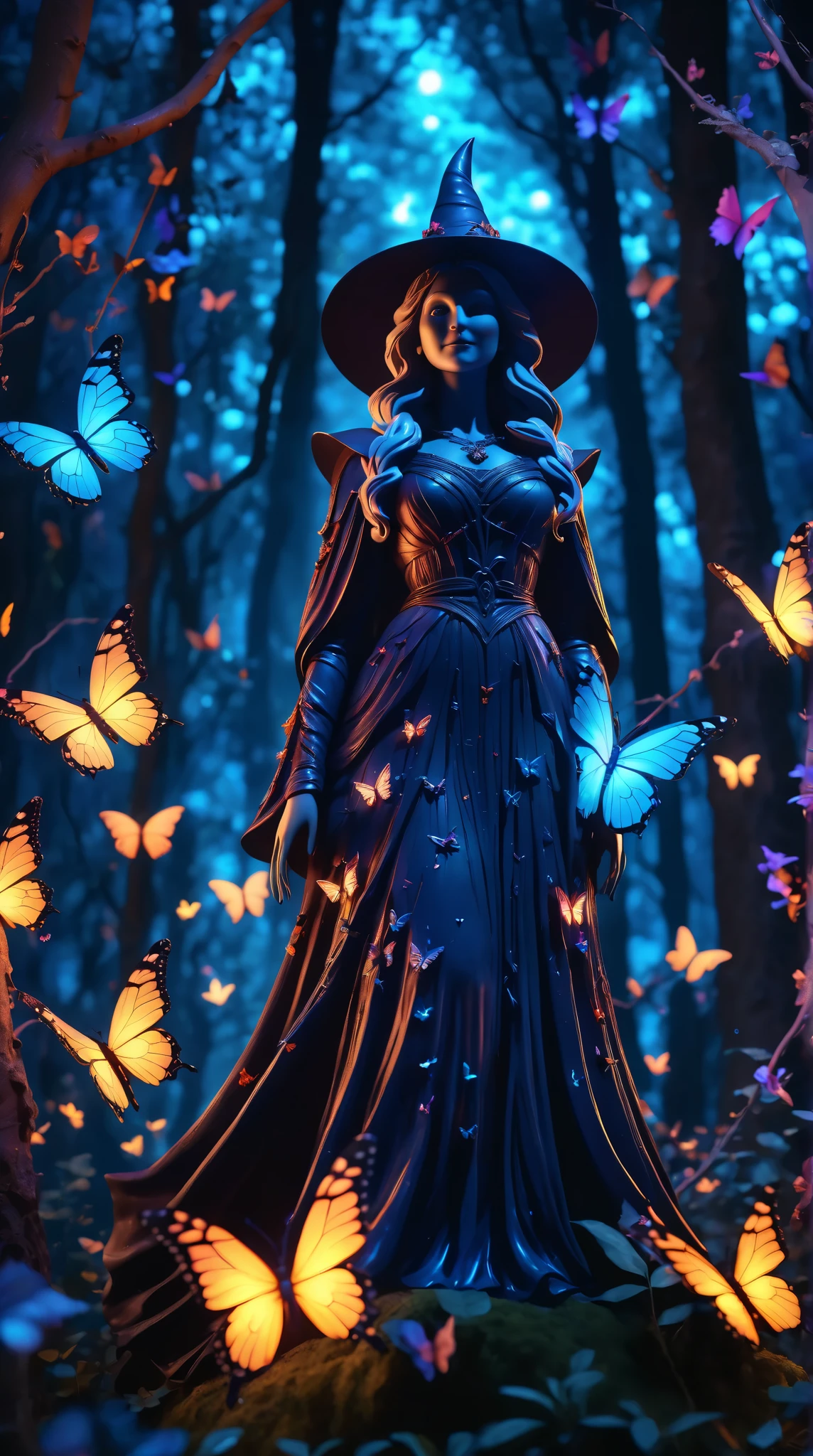 photo, a glowing statue of a witch in dark forest wearing clothes, surrounded by glowing butterflies, volumetric lighting, night, 8k, ultra detailed, vibrant colors, masterpiece 