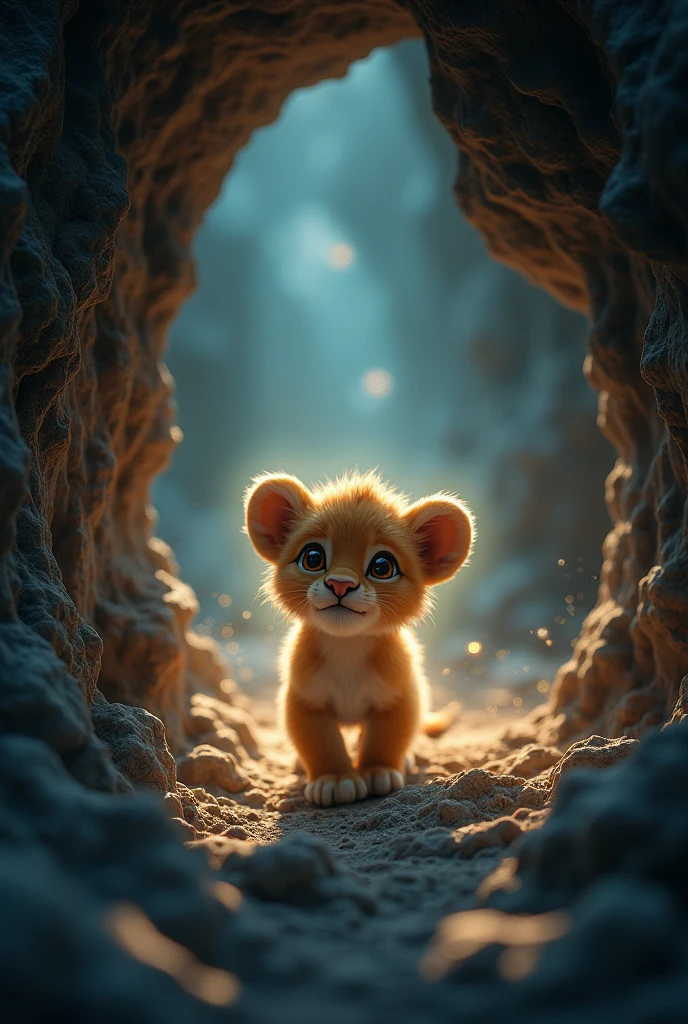 "A curious lion cub named Shiro exploring a mysterious cave with a soft glowing light."