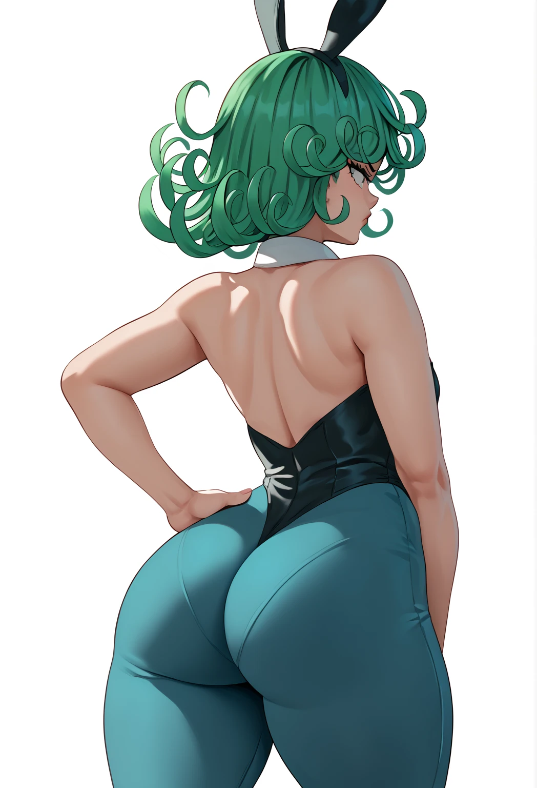 Above a girl , Alone , Tatsumaki ( of the anime "one punsh man"),  blue pants , ass, tetas enorme, playboy bunny, fake animal ears,  hand on hip,  looking at the spectator ,  white background,