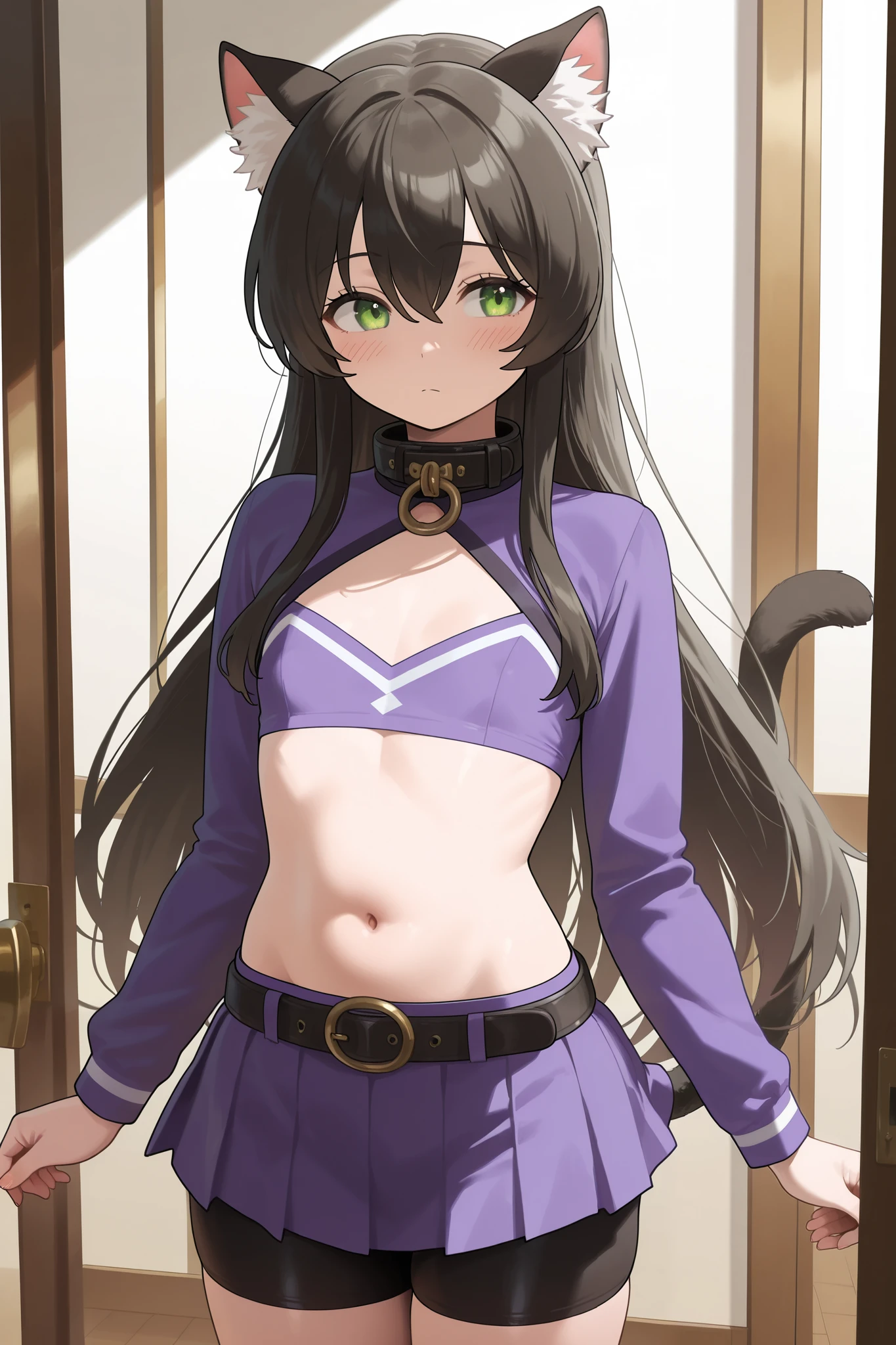 masterpiece, best quality, ultra-high-detailed , black hair, green eyes, rem, small breast, looking to viewer, deep eyes,  glare eyes, showing armpit, all body, armpit crease, crop top, 2 finger spread armpit 