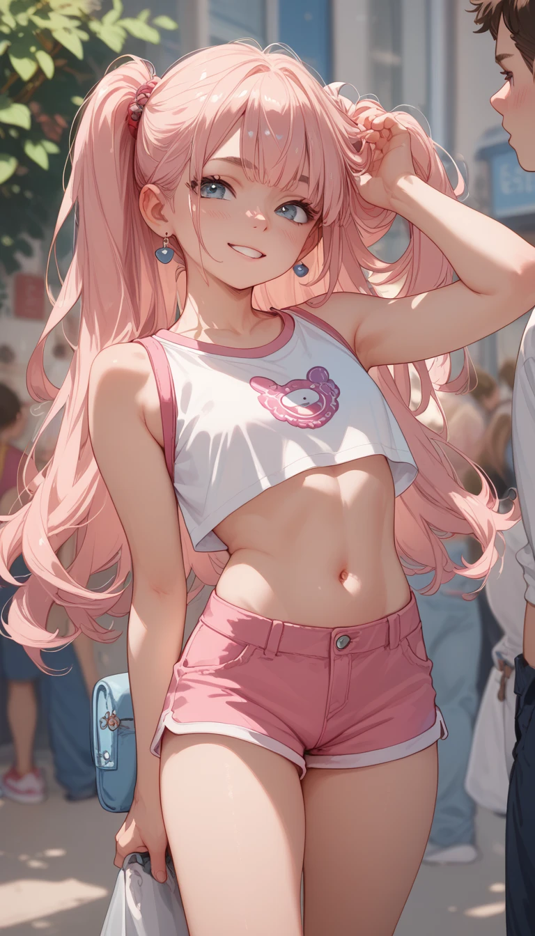 (masterpiece、Highest quality、Highest quality、Official Art、Beautiful and beautiful:1.2)、(One girl:1.3)Hatsune Miku、Twin tails,Beautiful breasts, alone, (Unexpected expressions)(Open your mouth, (White jacket), (Pink Tank Top), (White T-back)(High leg)(High Cut), Slim and narrow waist, belly button, Small hips, Only the waist, White ribbon, Dark Eyes, blue eyes, Sunny big city,